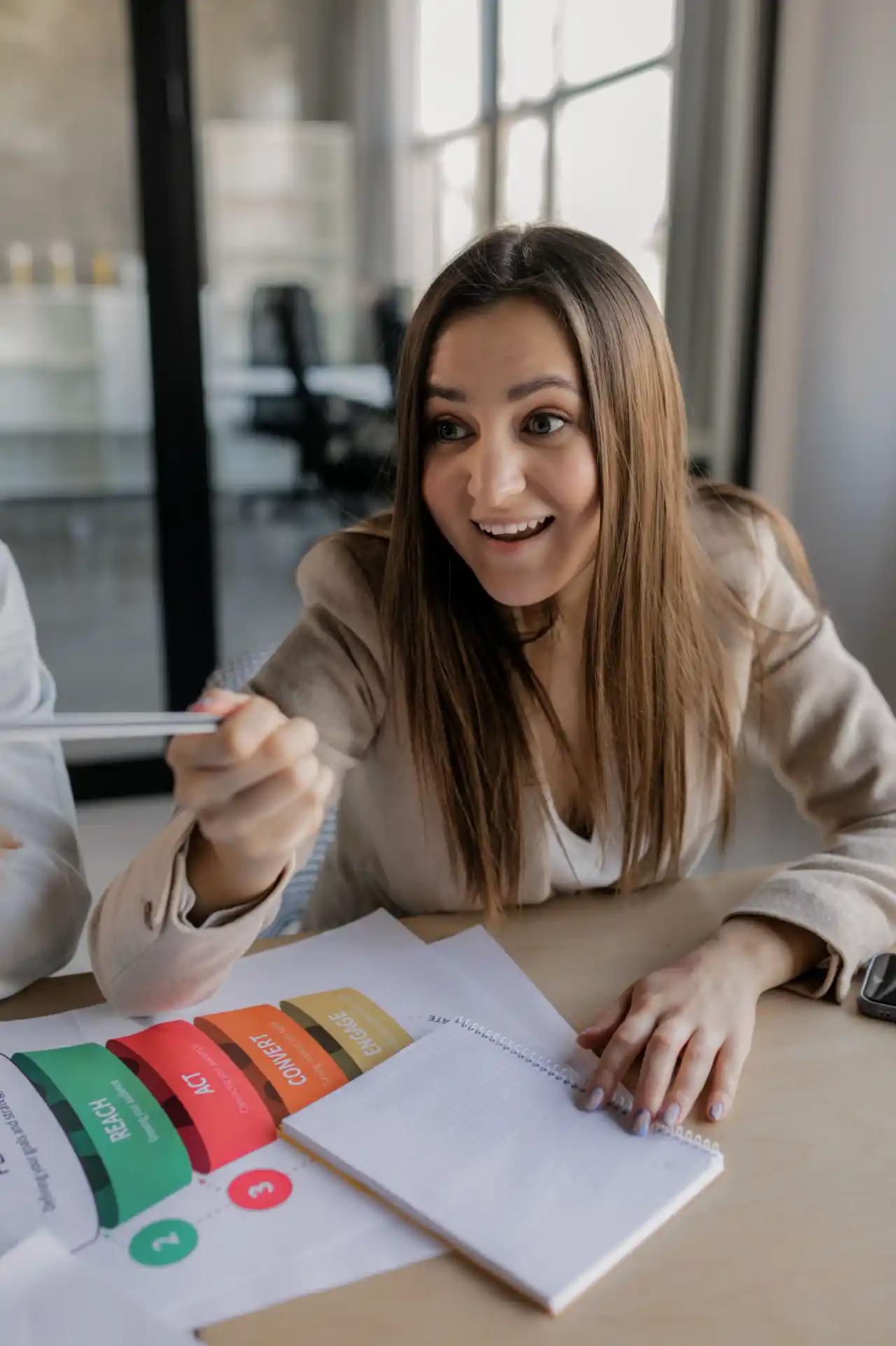 Animated lady discuss postcard messaging with her team