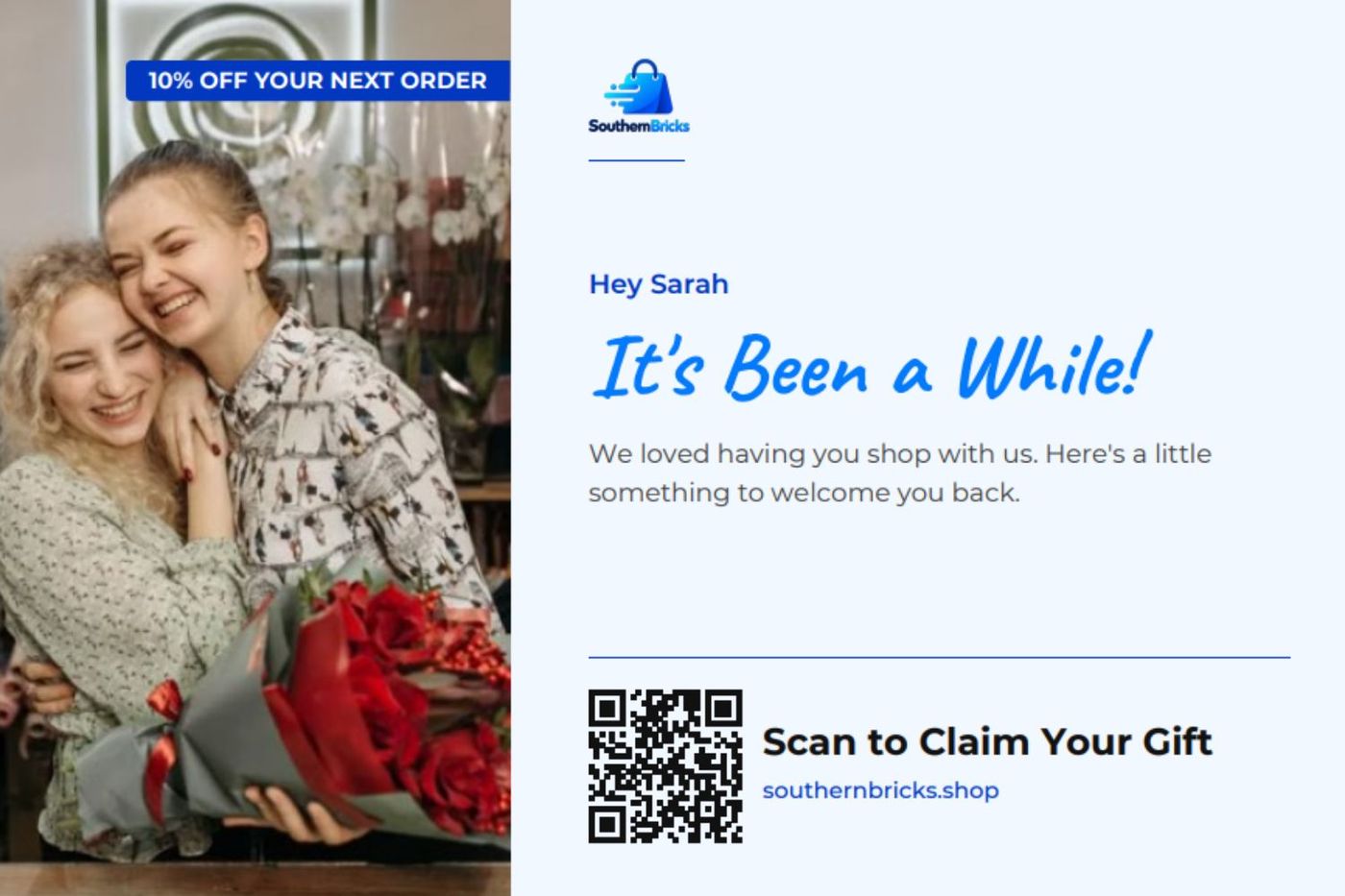 Customer win-back postcard design featuring a "We Miss You" message, 10% discount offer, and QR code to encourage inactive ecommerce customers to shop again.