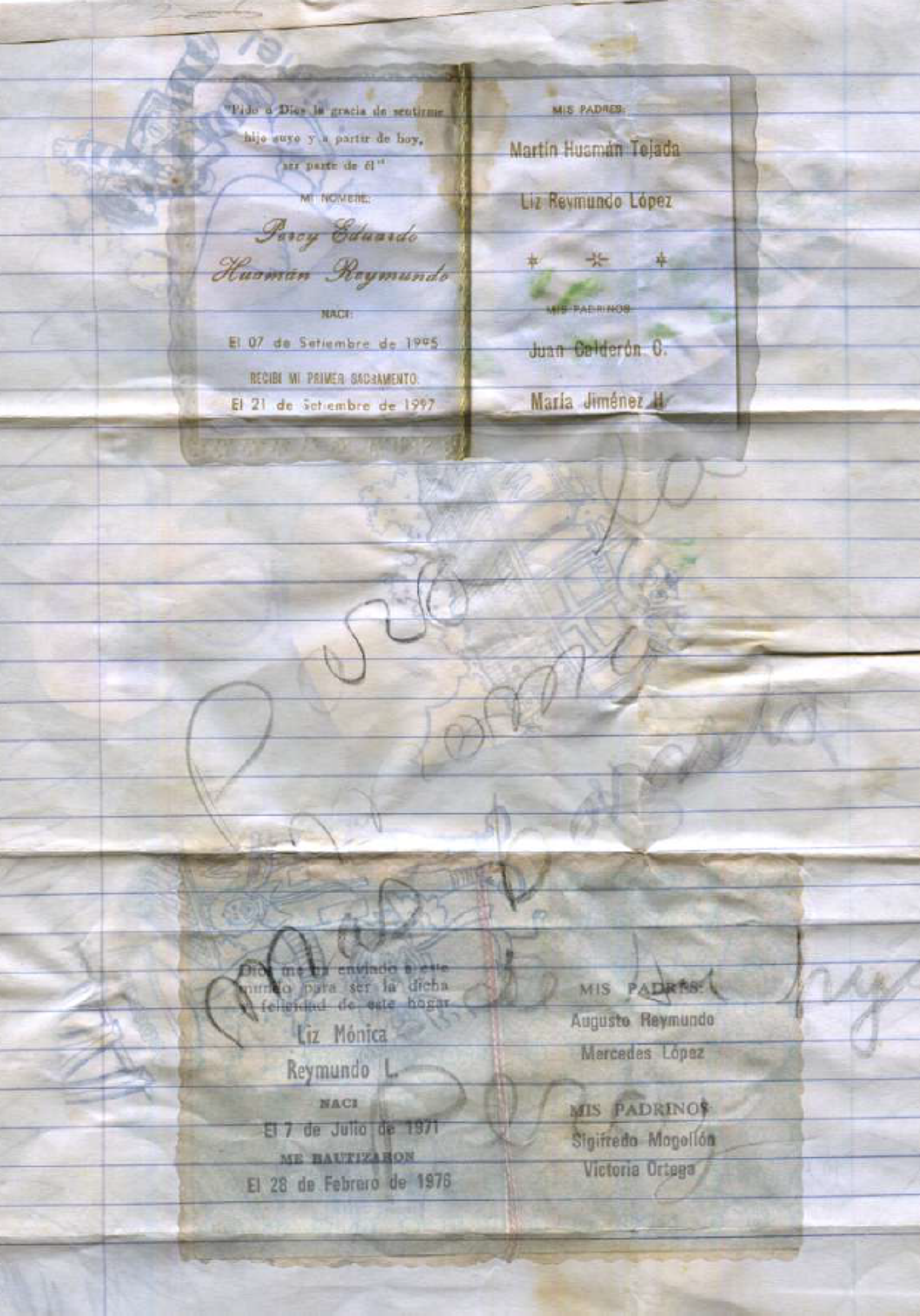 Varias hojas envejecidas ordenadas en cuadrícula, con escritura y marcas del tiempo