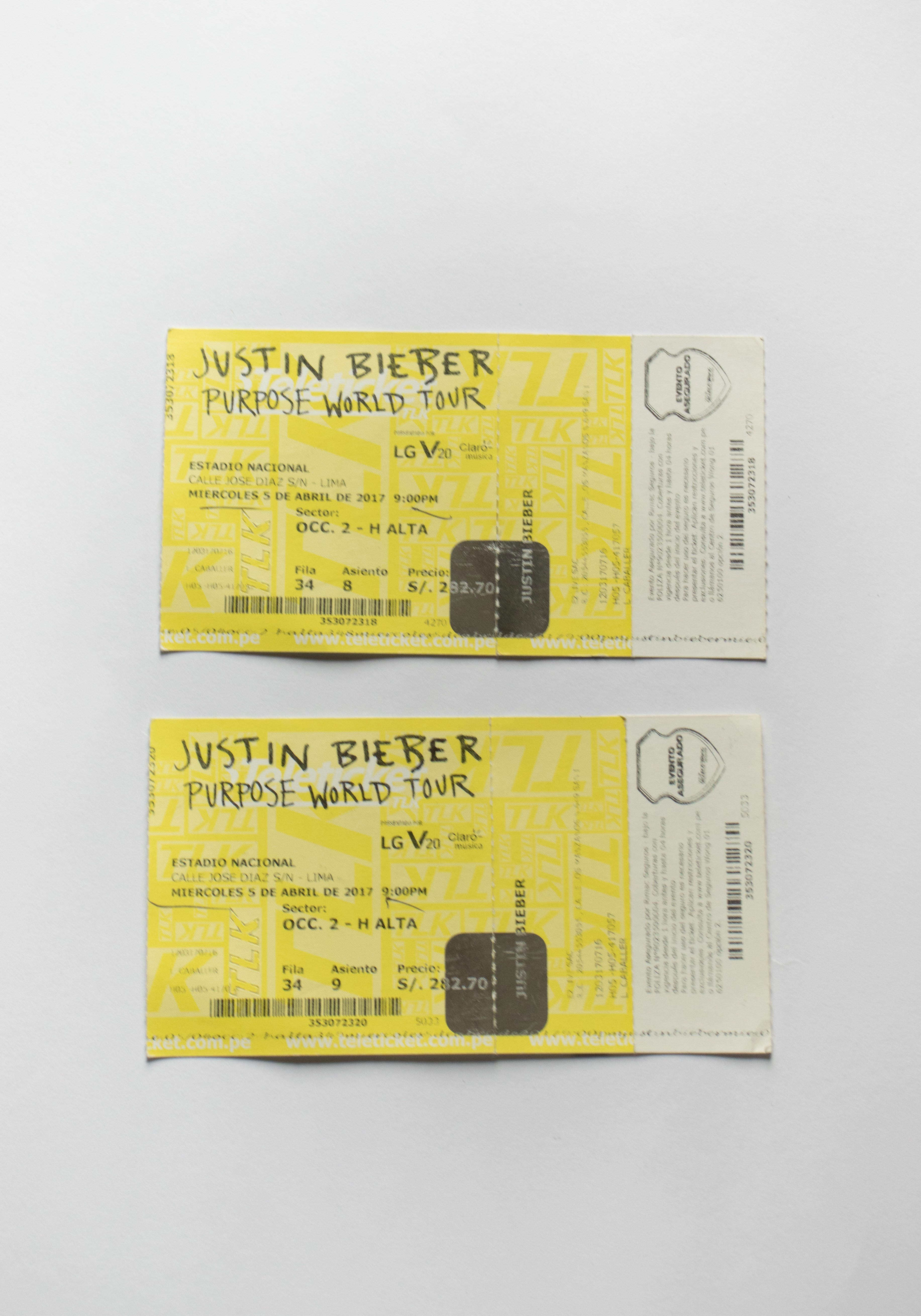 Entradas amarillas del Purpose World Tour 2017 de Justin Bieber