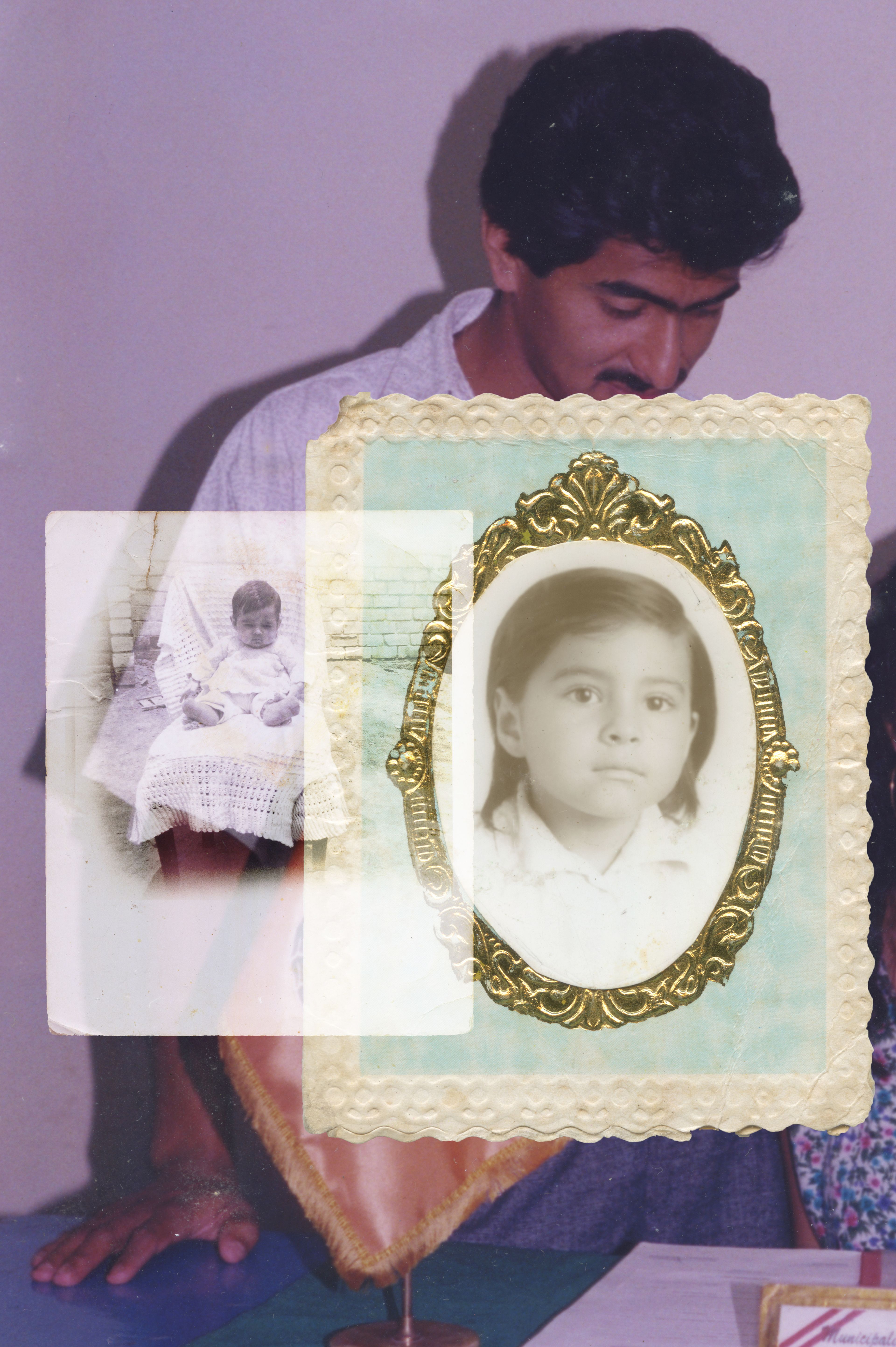 Retrato de un joven y collage de fotografías infantiles enmarcada