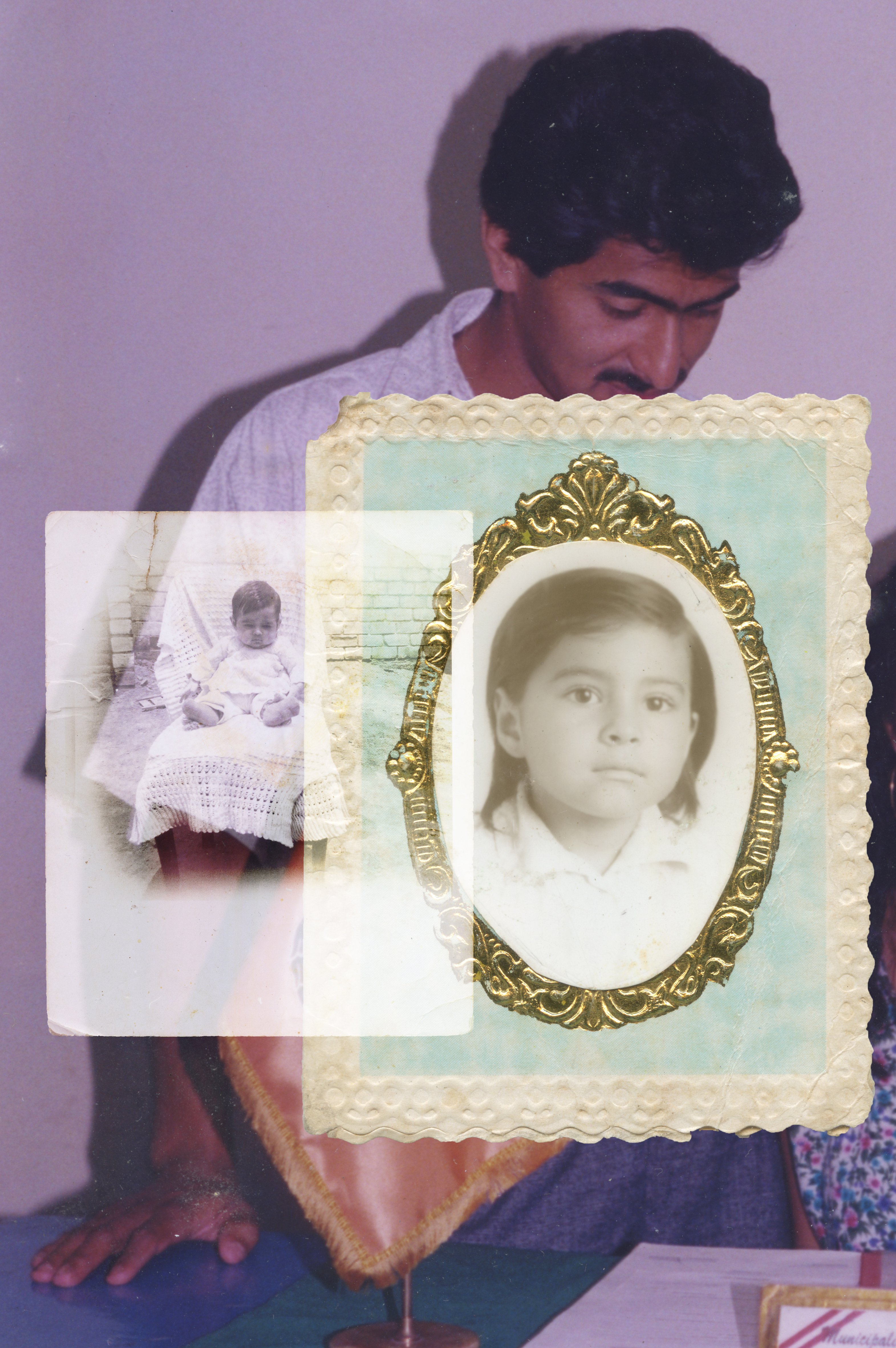 Retrato de un joven y collage de fotografías infantiles enmarcada