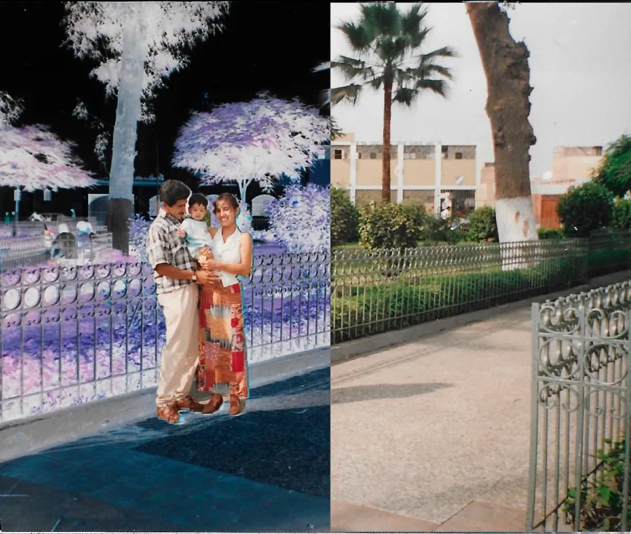 Fotografía de una familia en un parque dividida entre un lado en negativo y otro en color