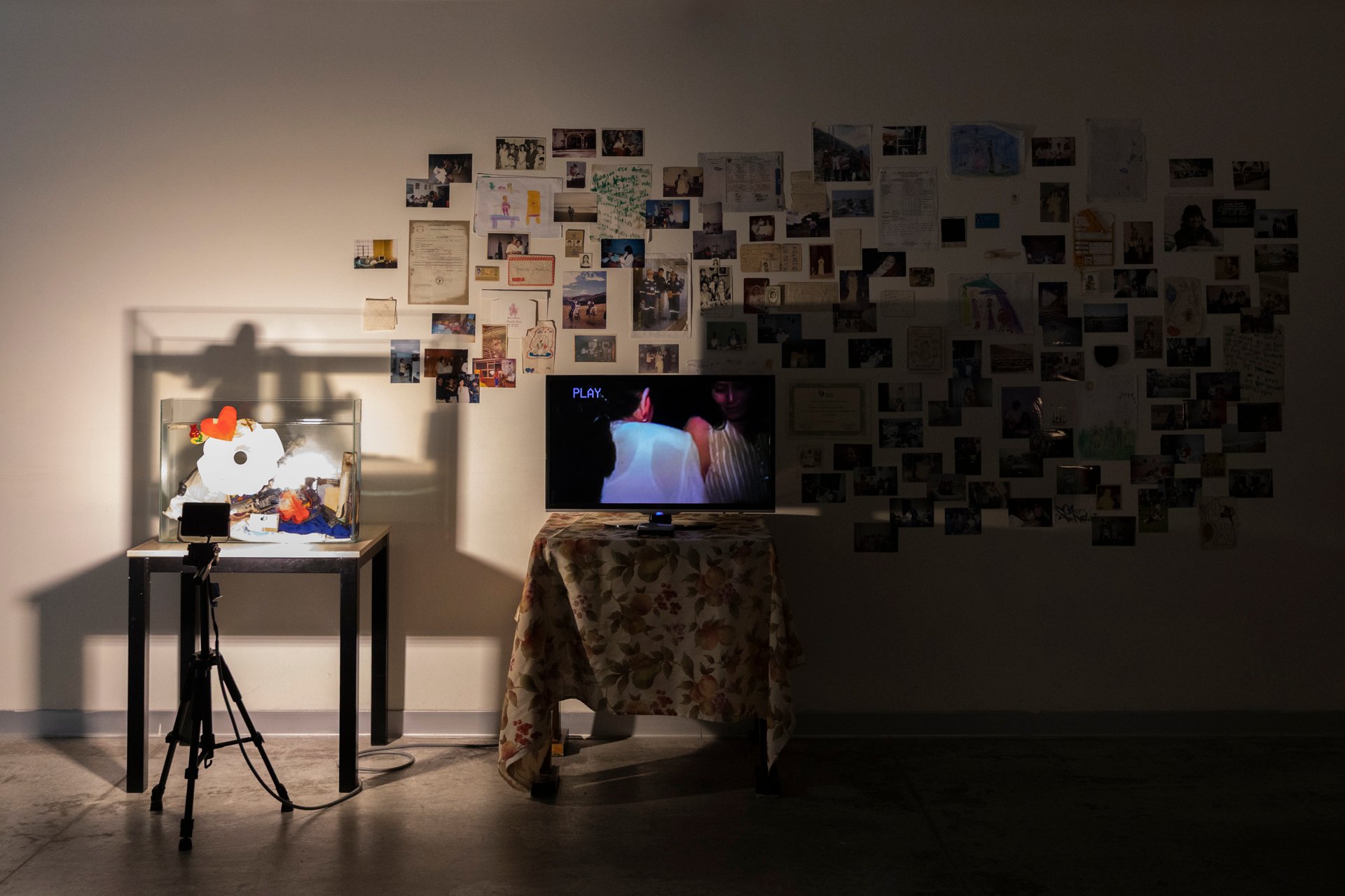 Vista general de la instalación: una pecera iluminada, un televisor sobre una mesa con mantel de flores y un mural de fotografías familiares en la pared.