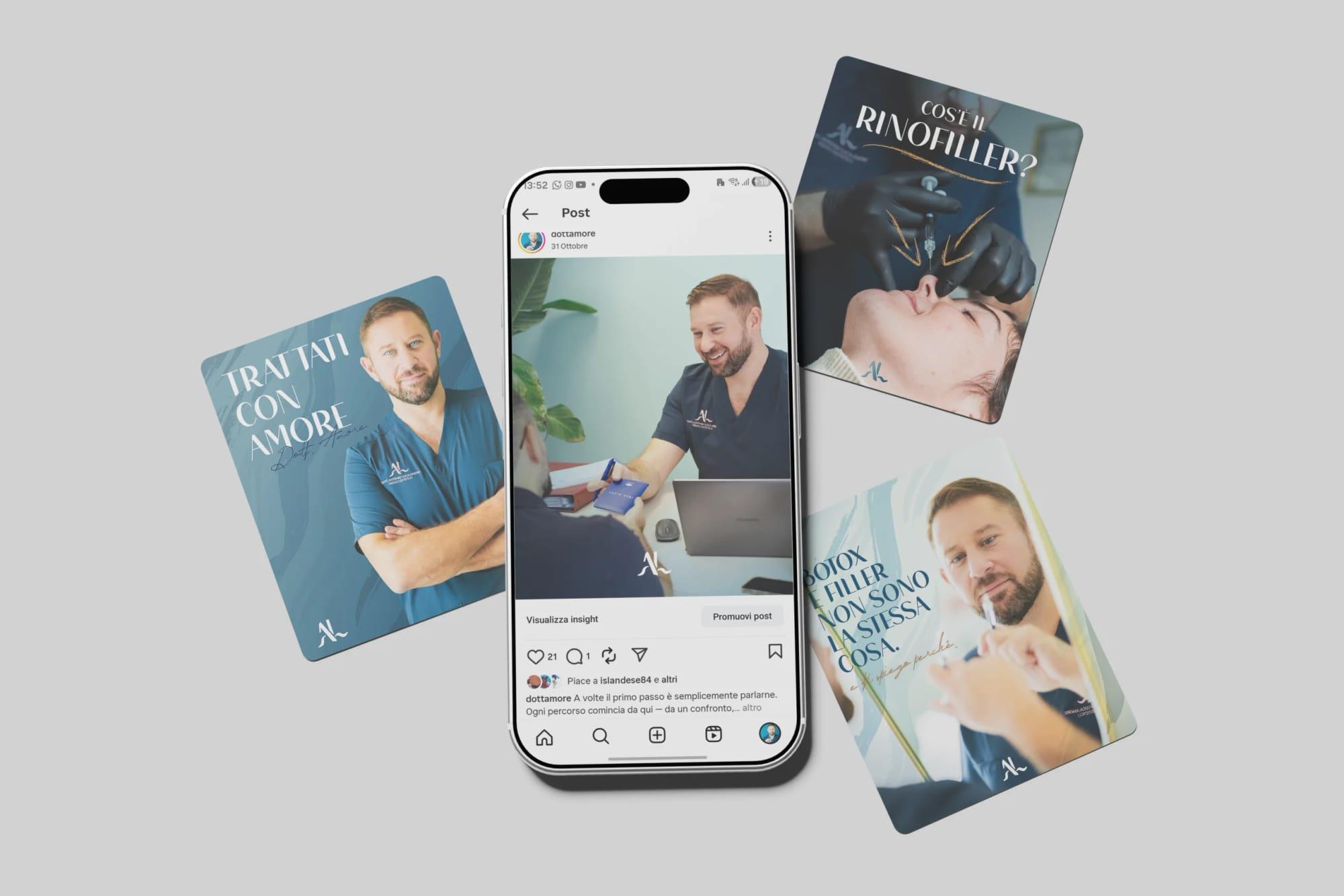 Mockup di profilo Instagram, locandine e carte con il Dott. Amore