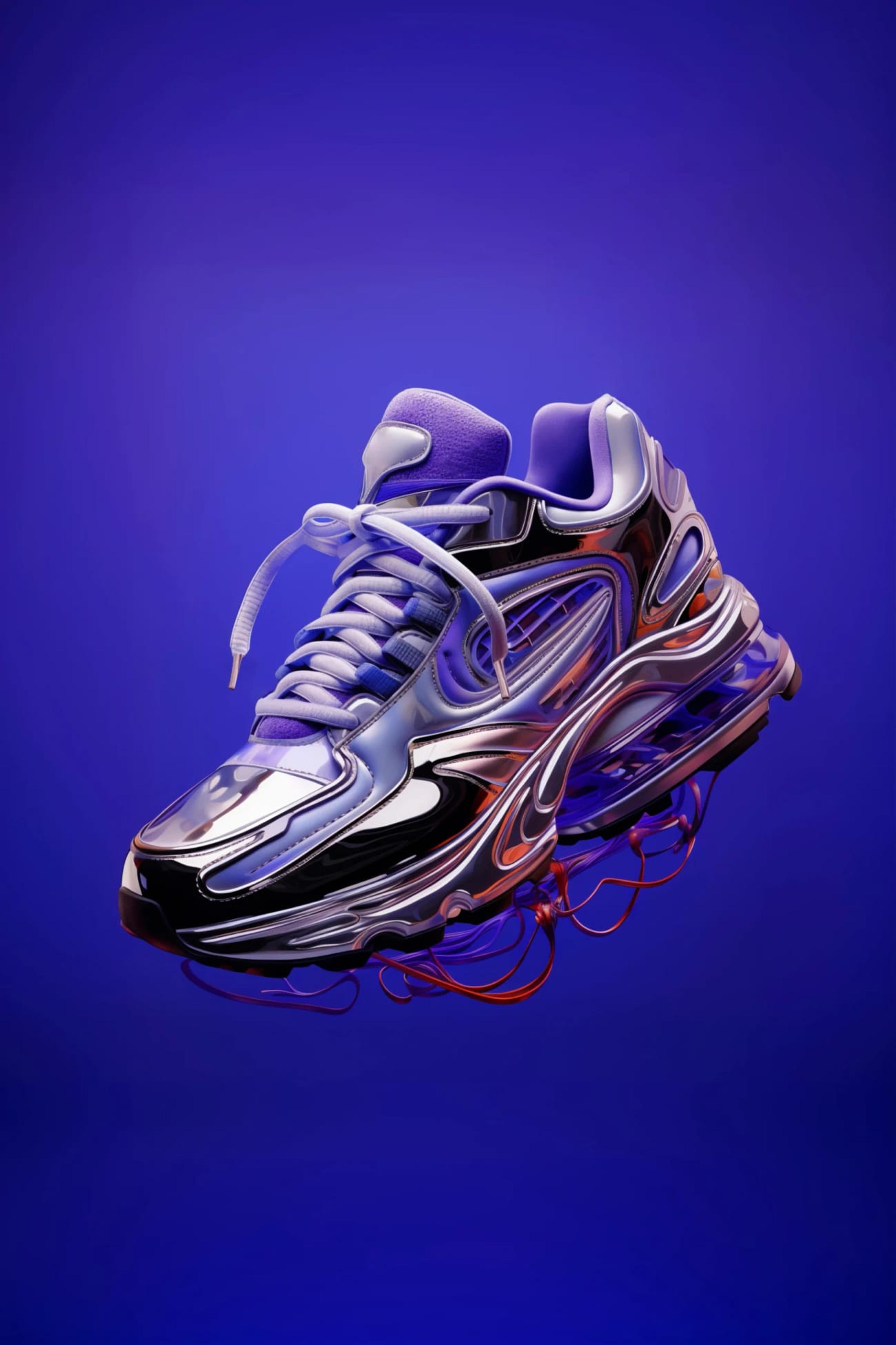 Una sneaker cromata su sfondo blu, immagine del brand MoroFlow