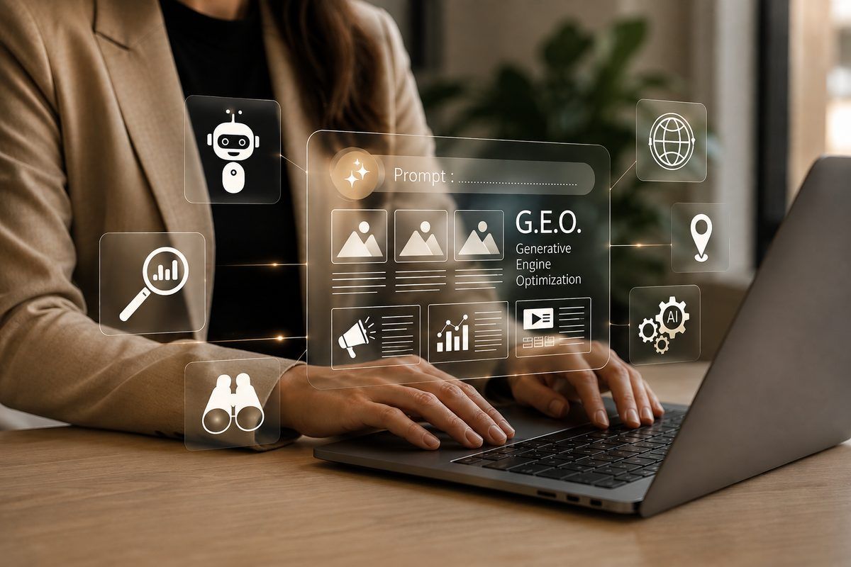 Ondernemer werkt aan een professionele website met webdesign, SEO en AI in een modern kantoor.