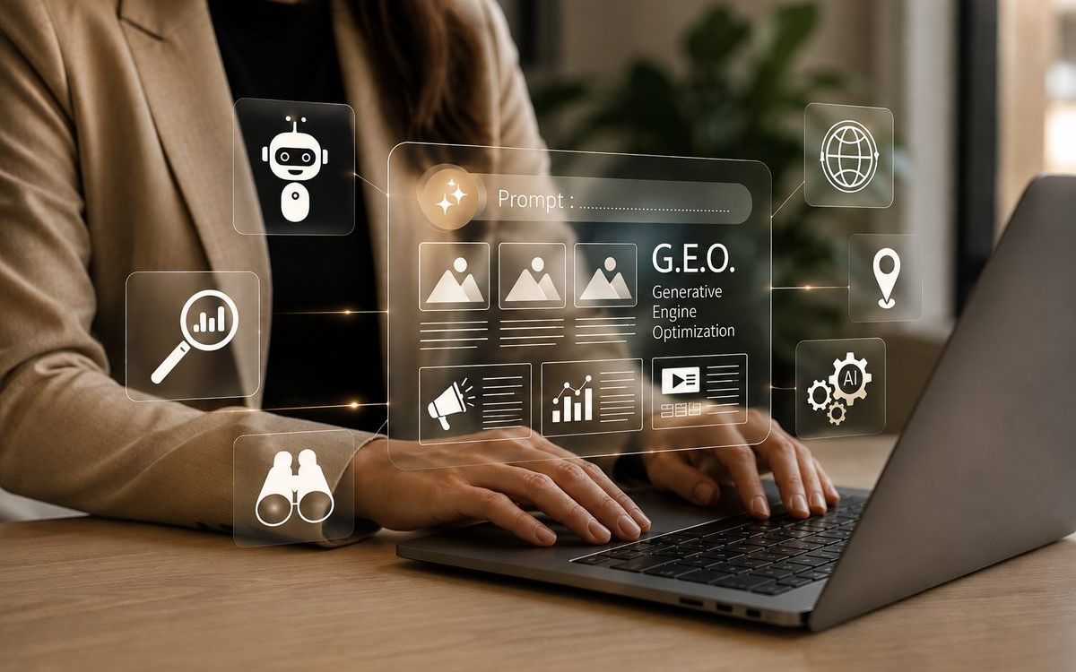 Ondernemer werkt aan een professionele website met webdesign, SEO en AI in een modern kantoor.