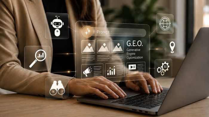Ondernemer werkt aan een professionele website met webdesign, SEO en AI in een modern kantoor.