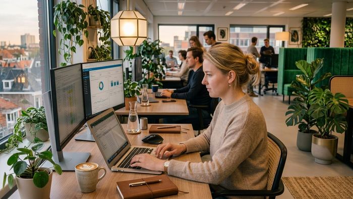 Ondernemer werkt aan een professionele website met webdesign, SEO en AI in een modern kantoor.