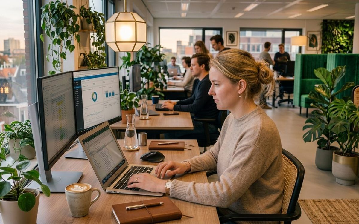 Ondernemer werkt aan een professionele website met webdesign, SEO en AI in een modern kantoor.