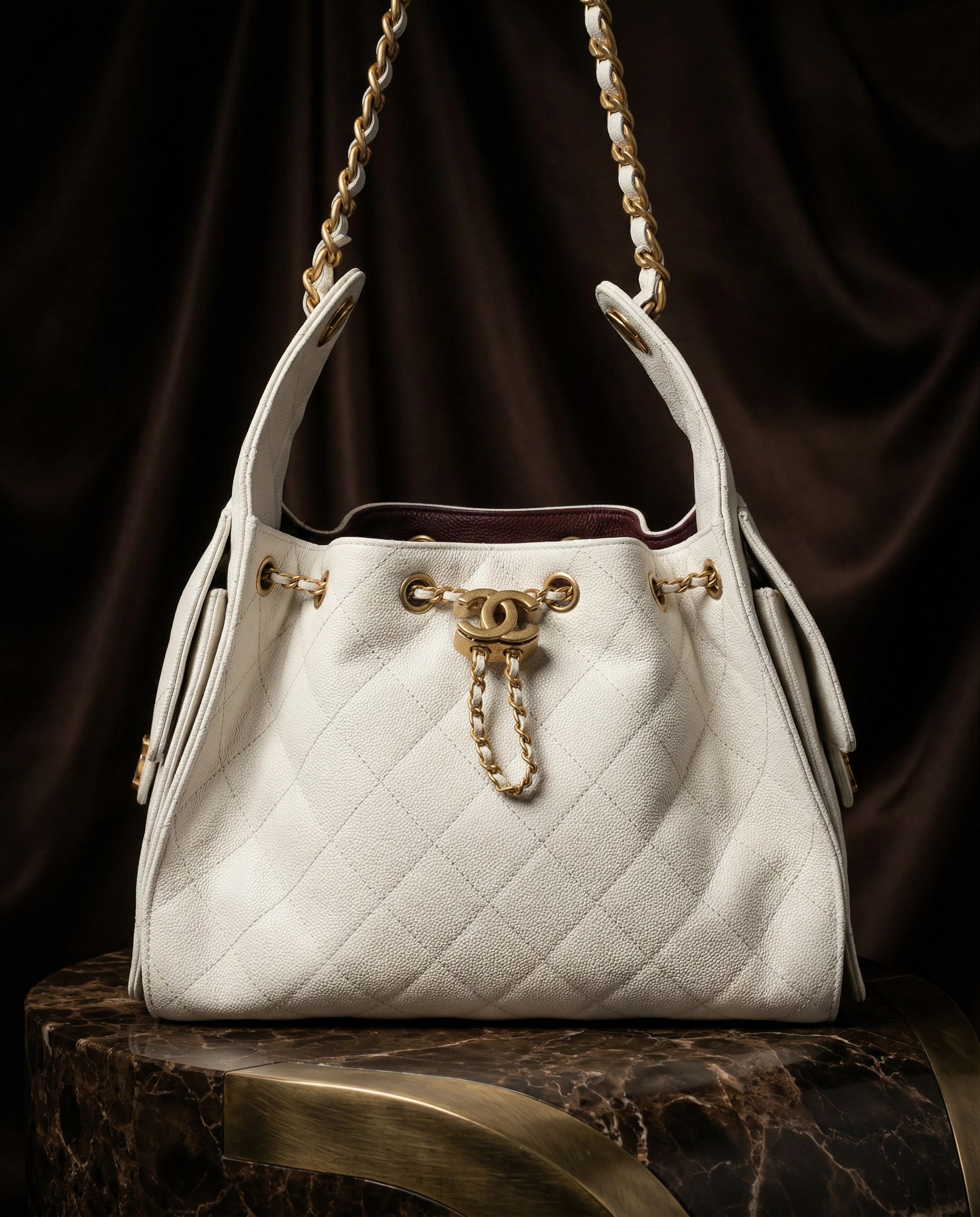 Chanel Small 25 Hobo Bag White Caviar Antique Gold Hardware