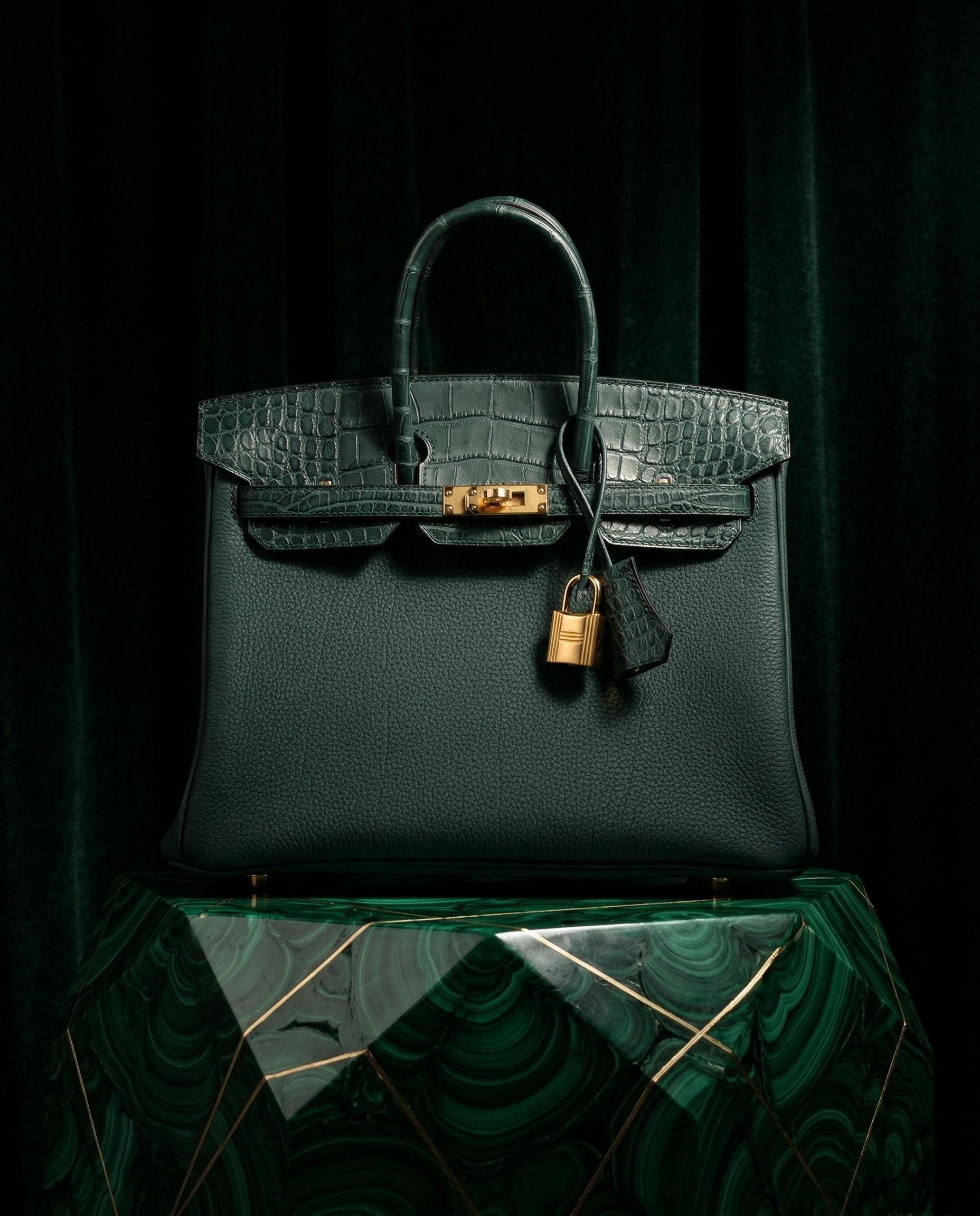 Hermès Birkin 25 Vert Cypress Togo and Matte Alligator Touch Gold Hardware