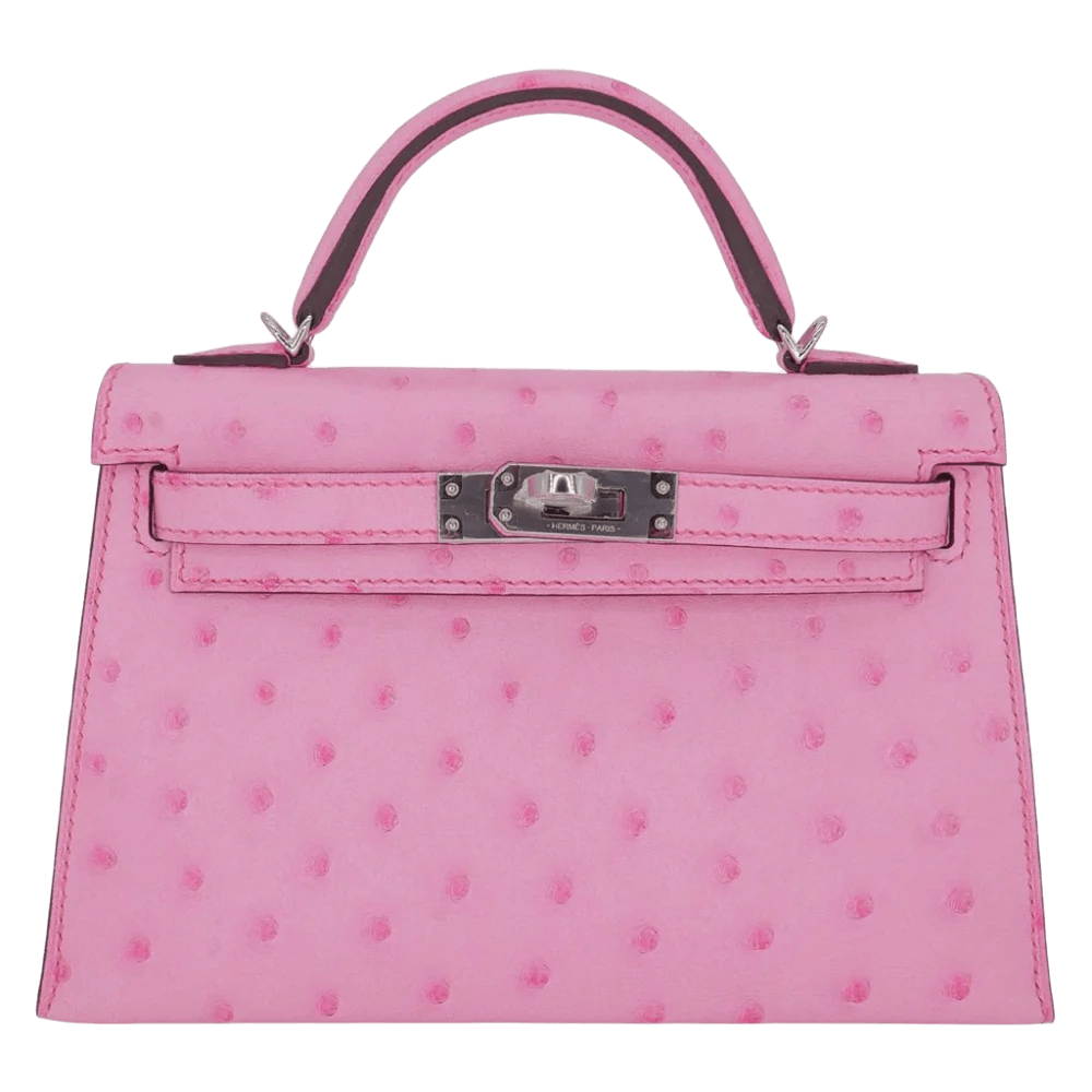Hermès Kelly II Sellier Mini Bubblegum Ostrich Palladium Hardware