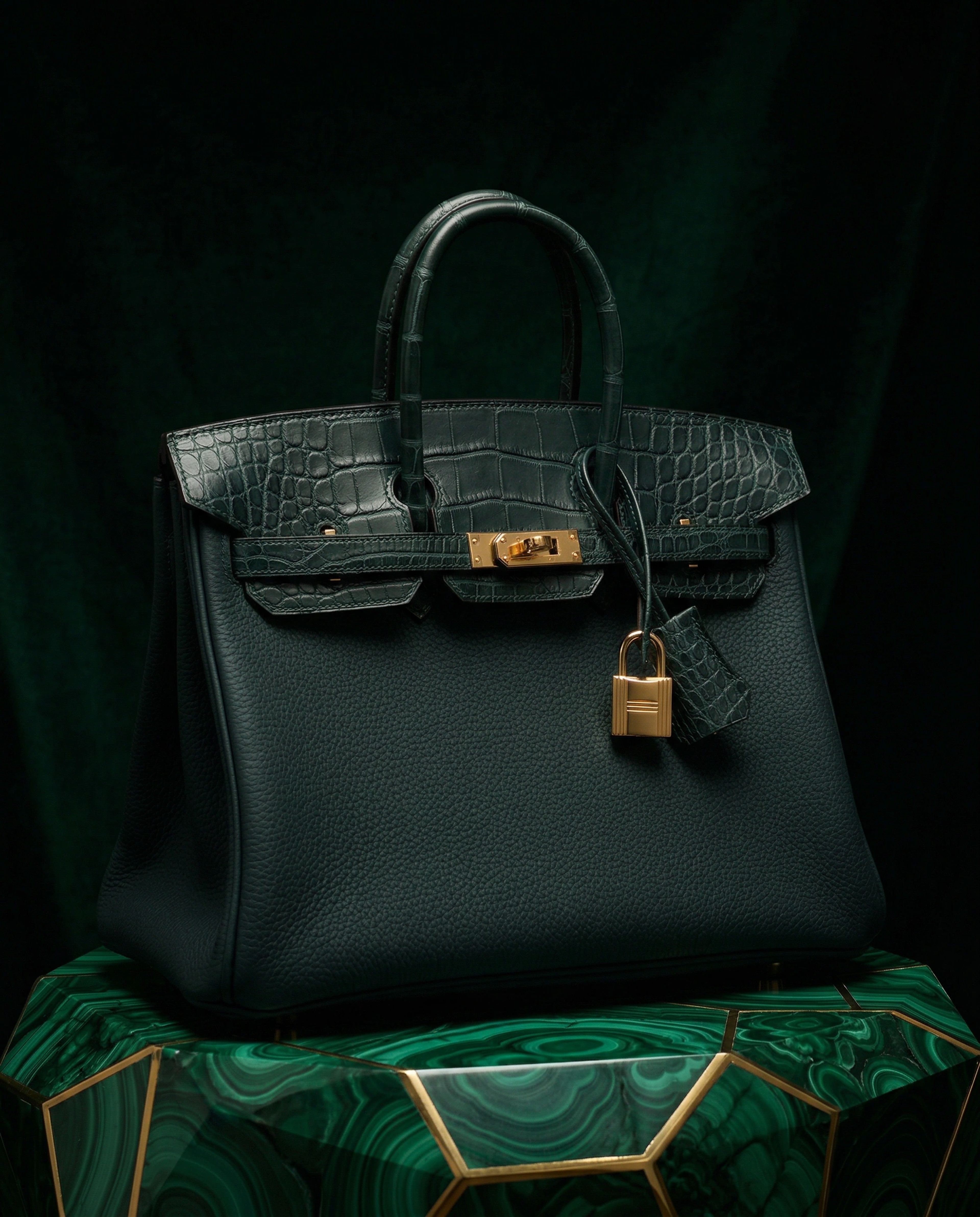 Hermès Birkin 25 Vert Cypress Togo and Matte Alligator Touch Gold Hardware