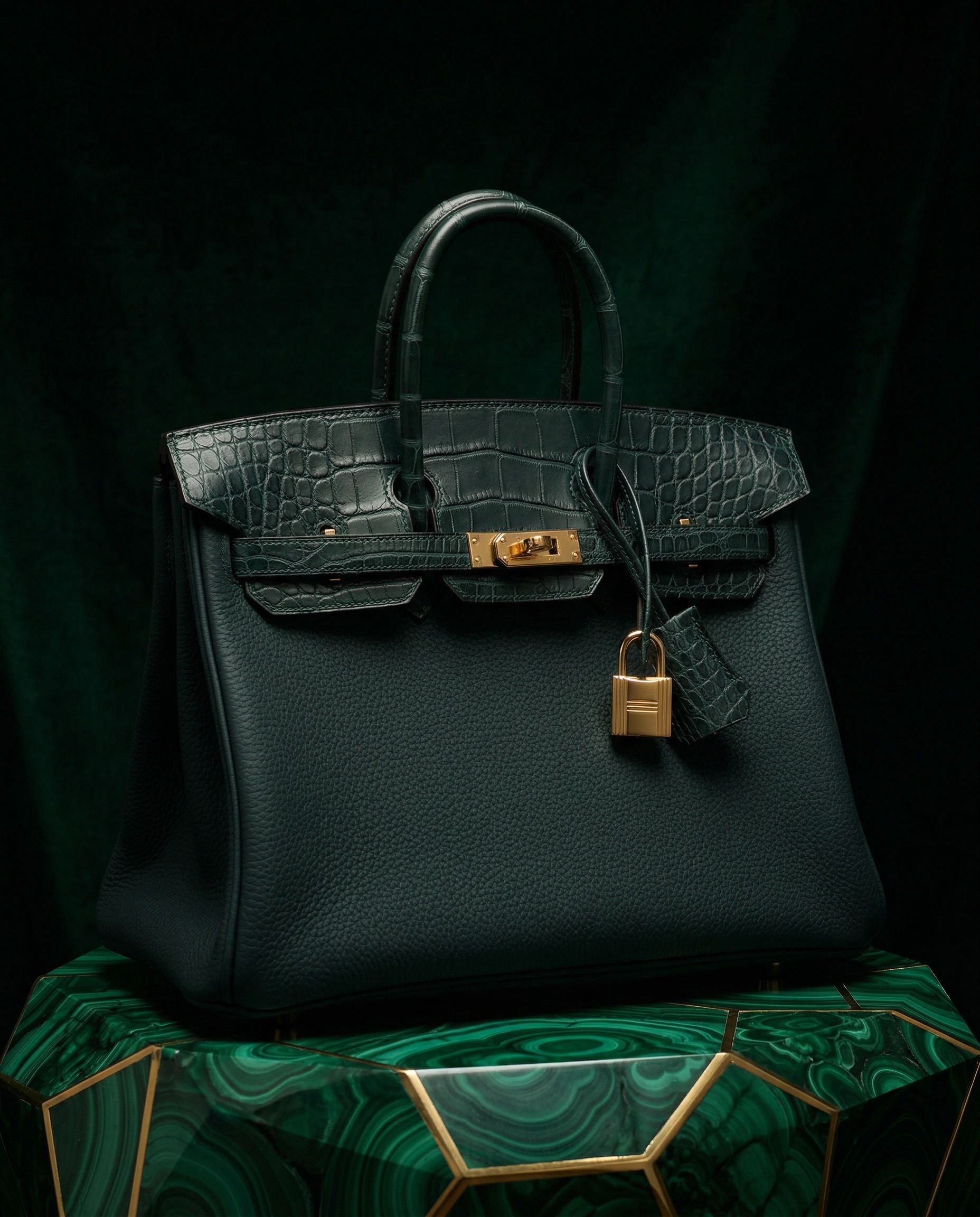Hermès Birkin 25 Vert Cypress Togo and Matte Alligator Touch Gold Hardware