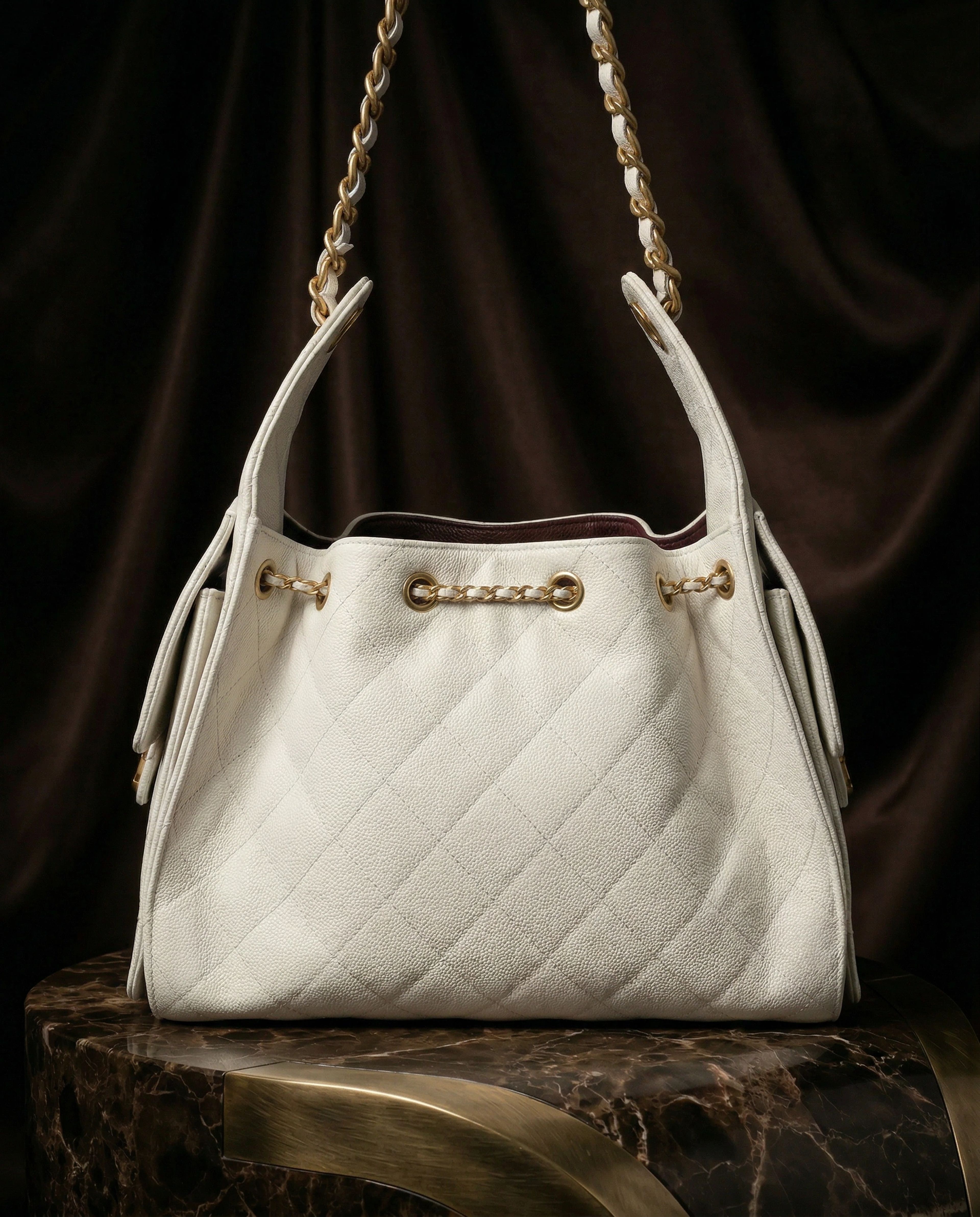 Chanel Small 25 Hobo Bag White Caviar Antique Gold Hardware