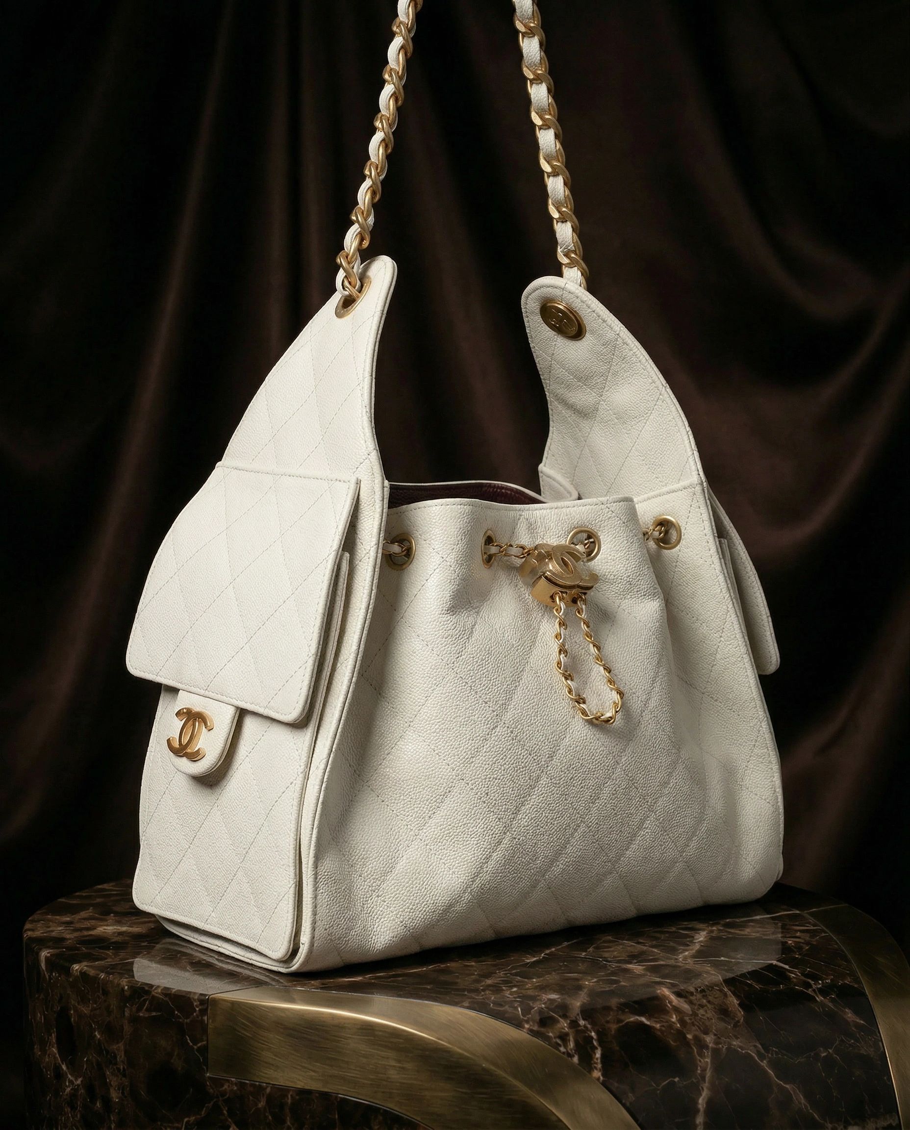Chanel Small 25 Hobo Bag White Caviar Antique Gold Hardware