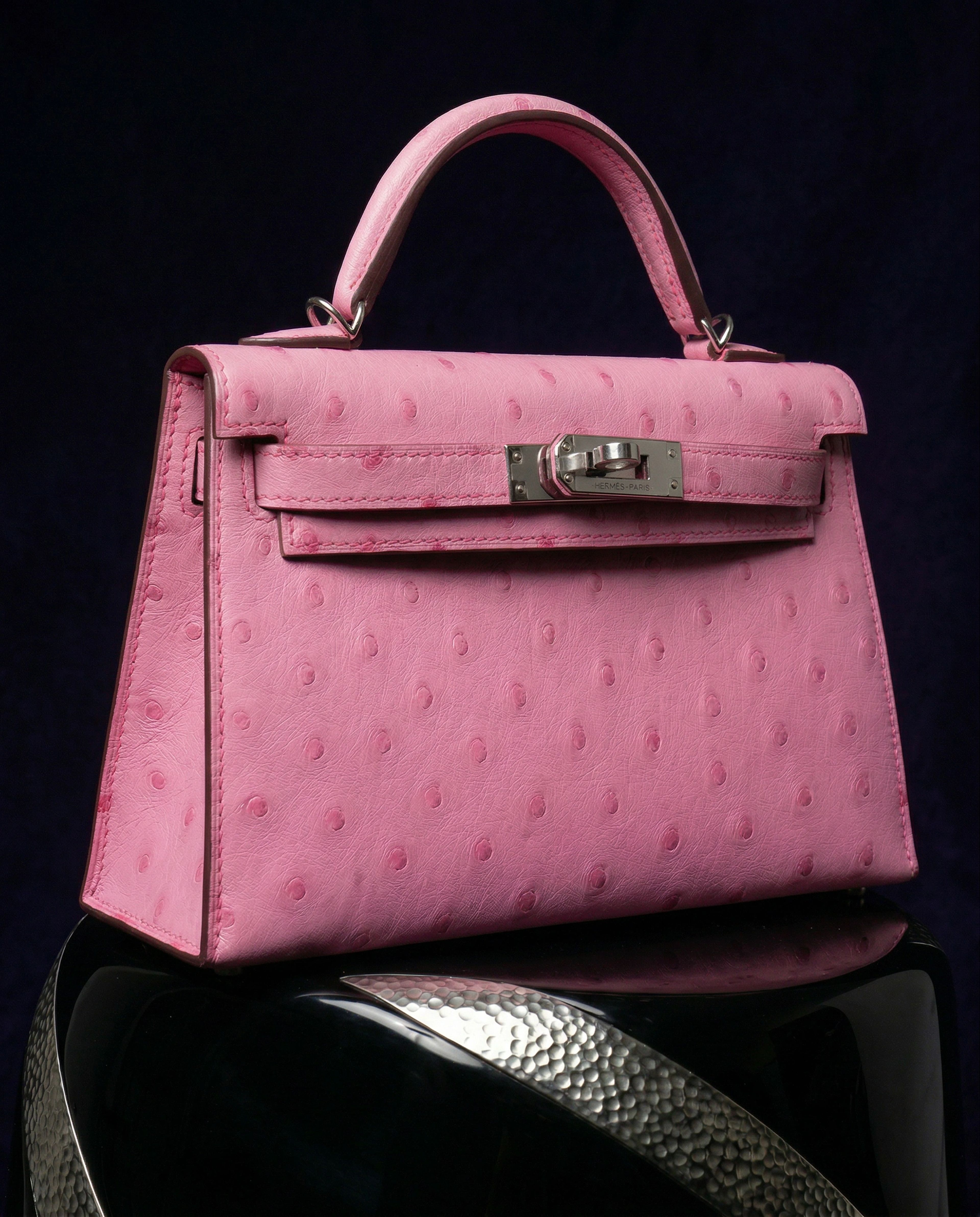 Hermès Kelly II Sellier Mini Bubblegum Ostrich Palladium Hardware
