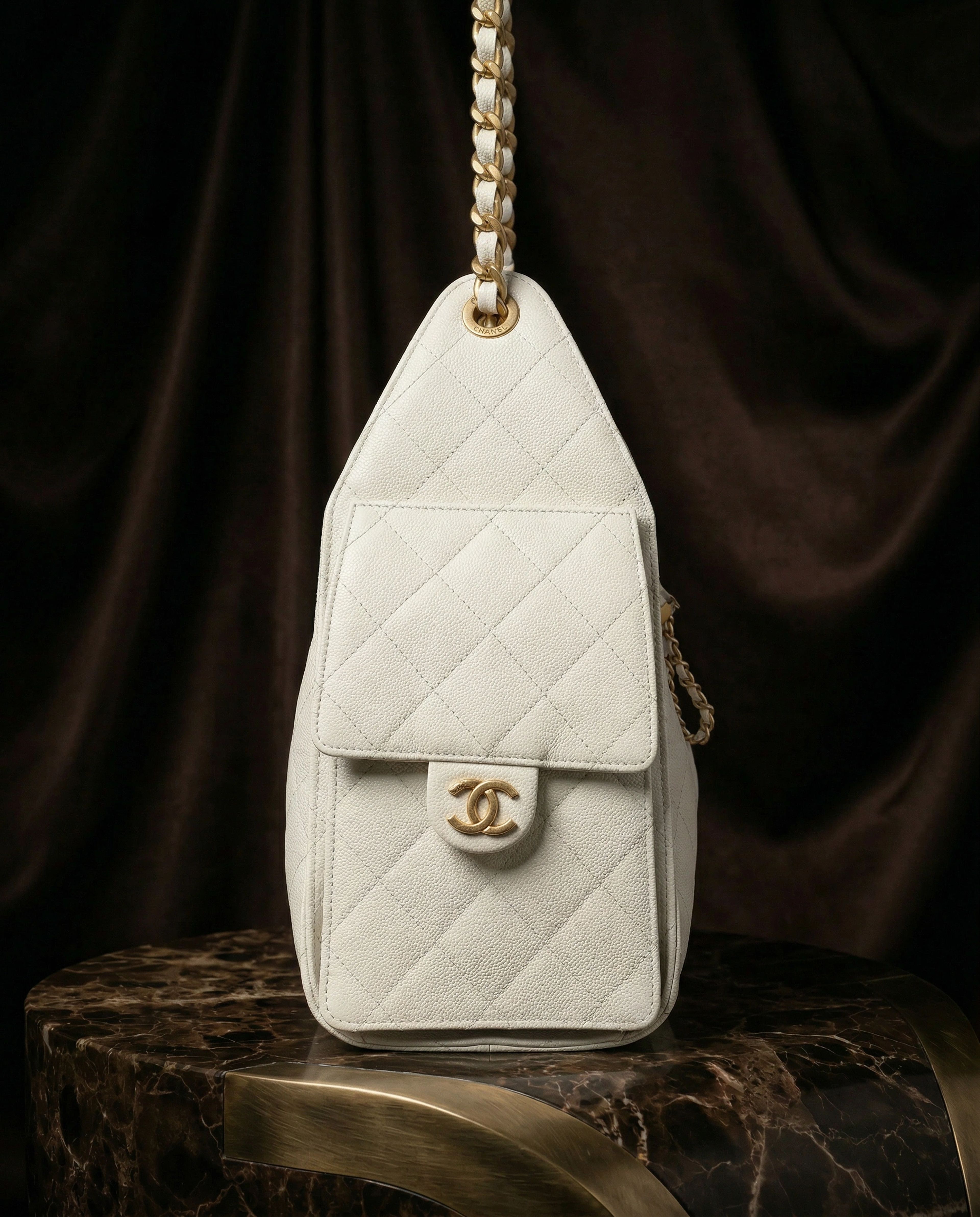 Chanel Small 25 Hobo Bag White Caviar Antique Gold Hardware