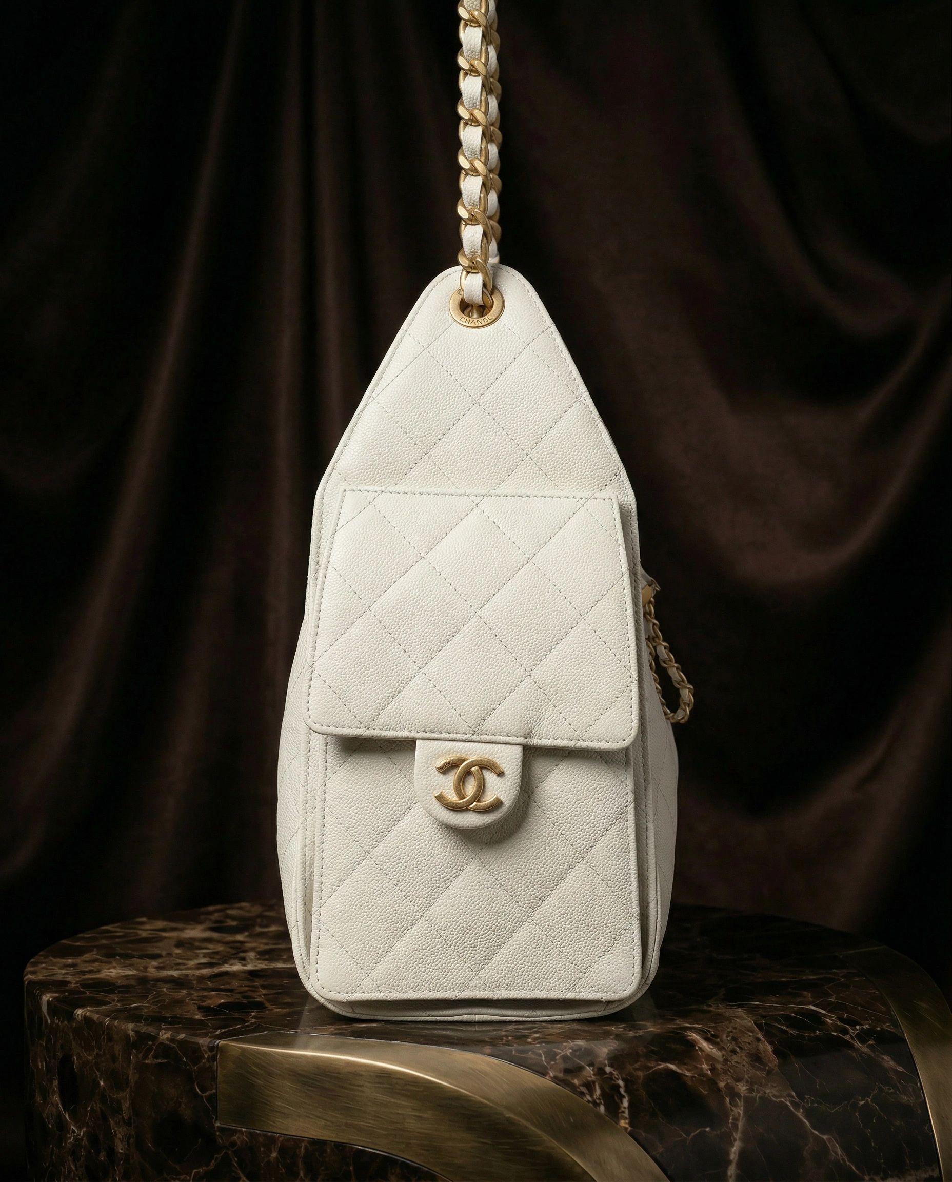 Chanel Small 25 Hobo Bag White Caviar Antique Gold Hardware