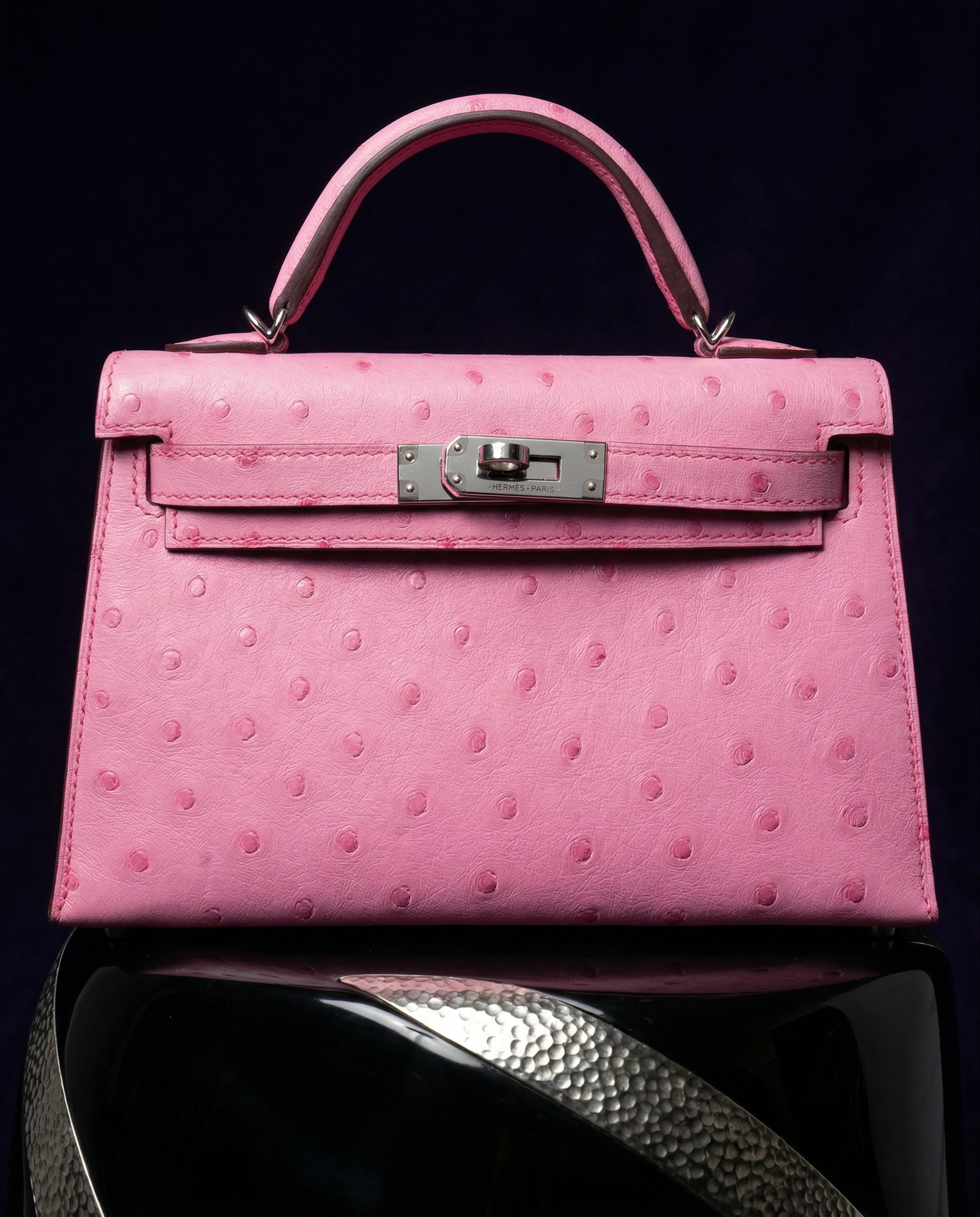 Hermès Kelly II Sellier Mini Bubblegum Ostrich Palladium Hardware