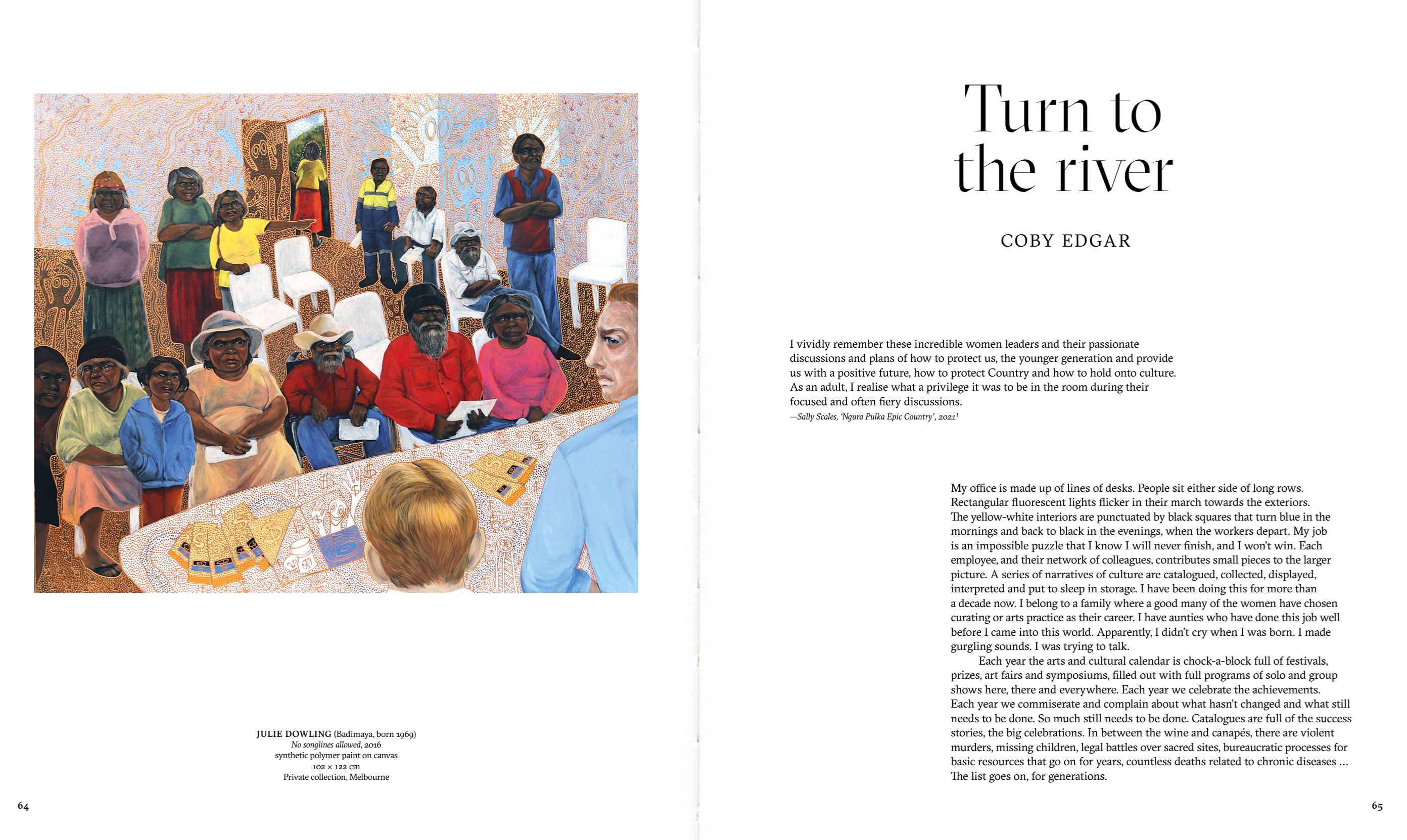 A colorful painting shows a group of First Nations women of various ages gathered in a community hall, some sitting and others standing, with artworks and papers on tables. The image appears in a magazine spread titled Turn to the river by Coby Edgar.