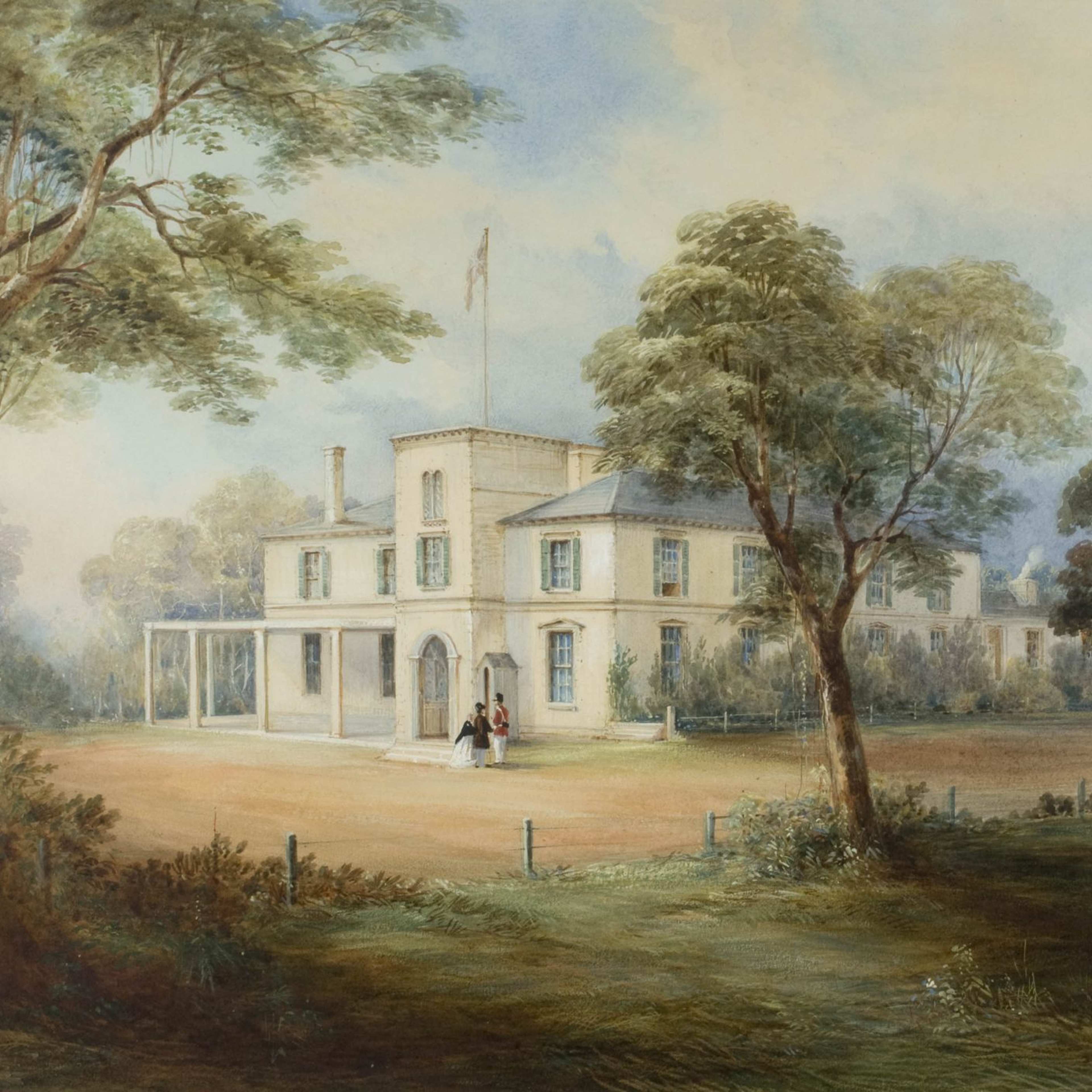 A watercolour of a two-storey mansion surrounded by trees