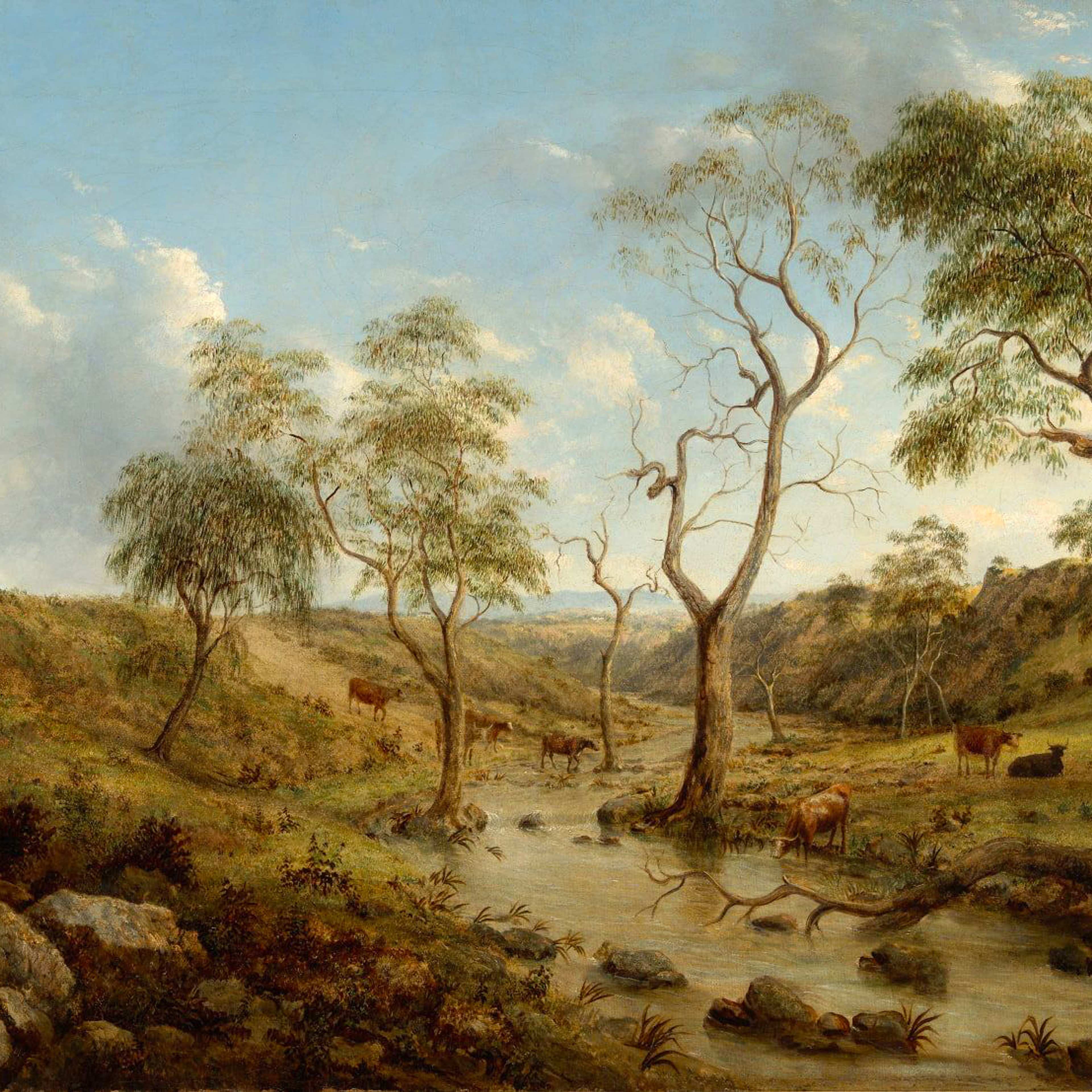 A serene landscape featuring a small stream, grazing cattle, scattered rocks, and tall, sparse trees under a blue sky with light clouds. Rolling hills extend into the distance.