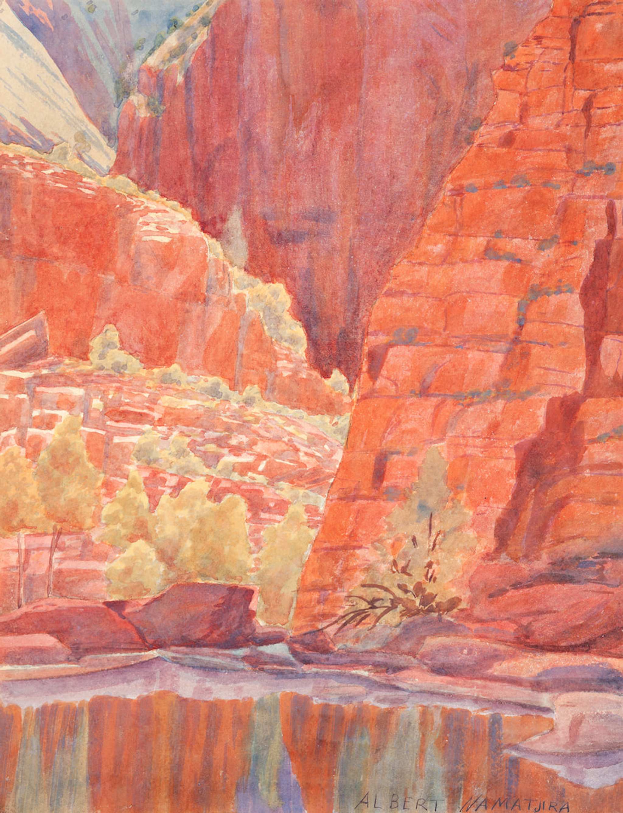 a painting of a gorge with bright orange and red cliffs refected in water at the base