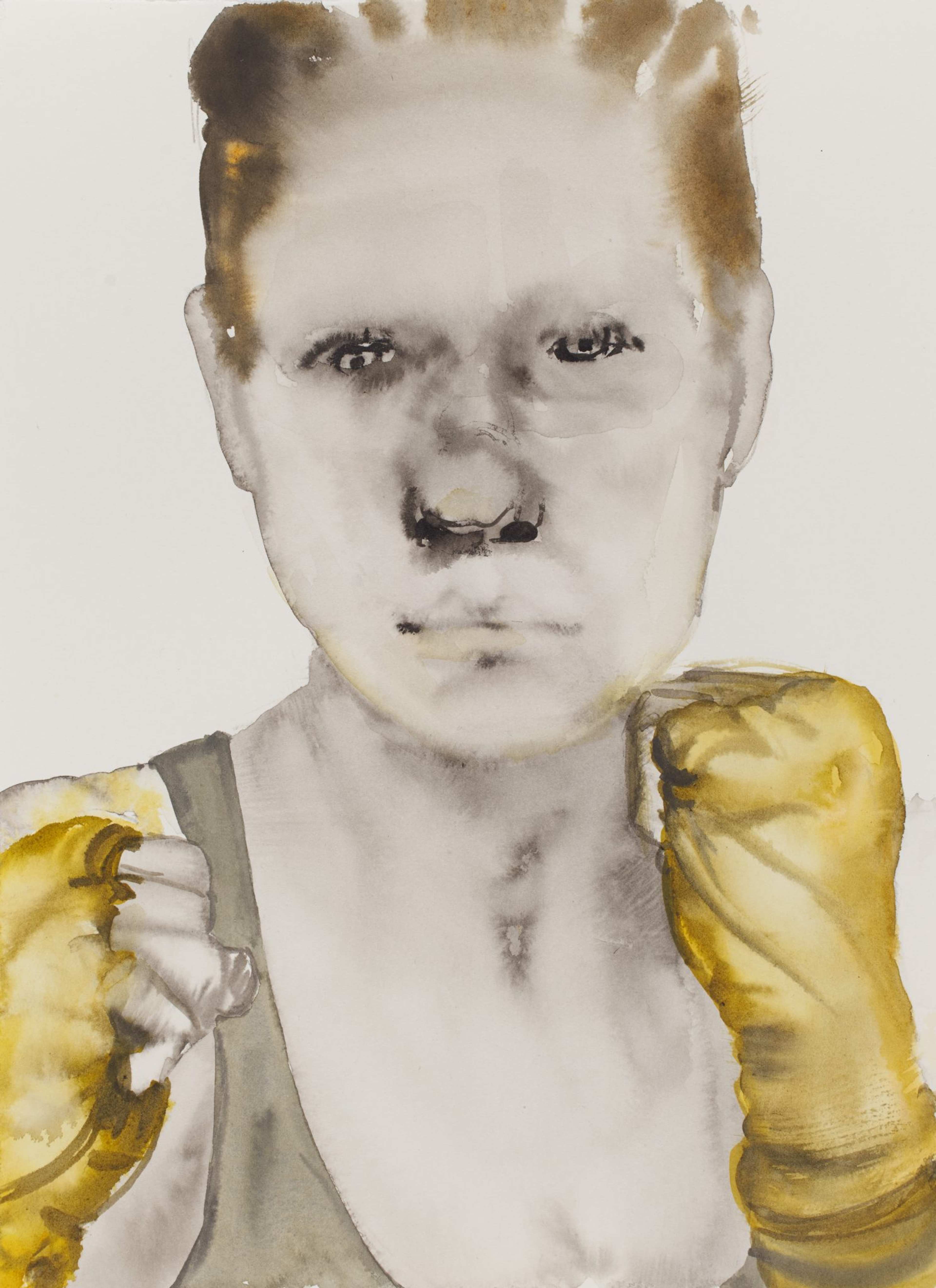 A watercolour portrait of a person holding hands in fingerless gloves close to their face in a boxing position and their nose bruised