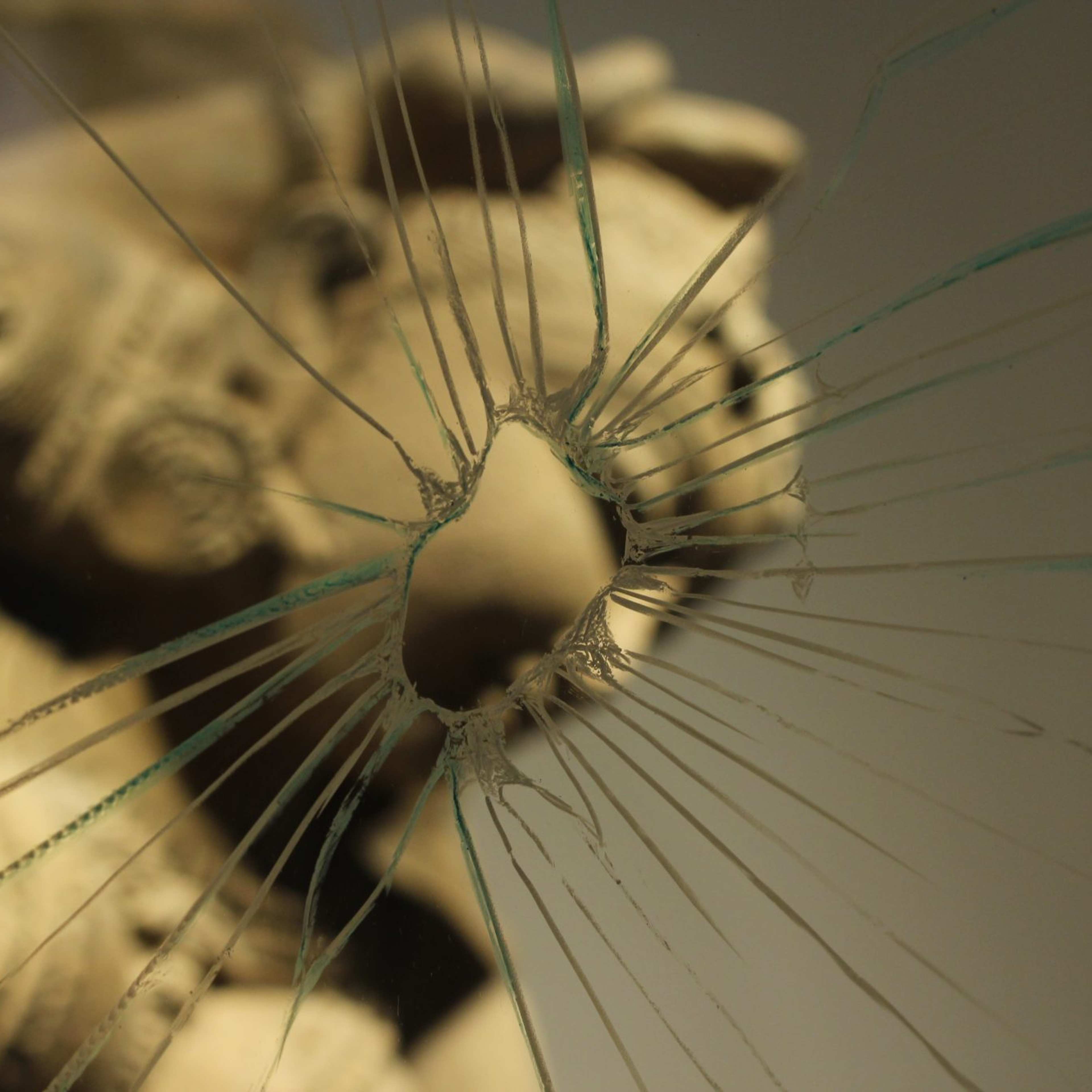 A light-coloured sculpture of some kind viewed (not clearly) through a fractured glass