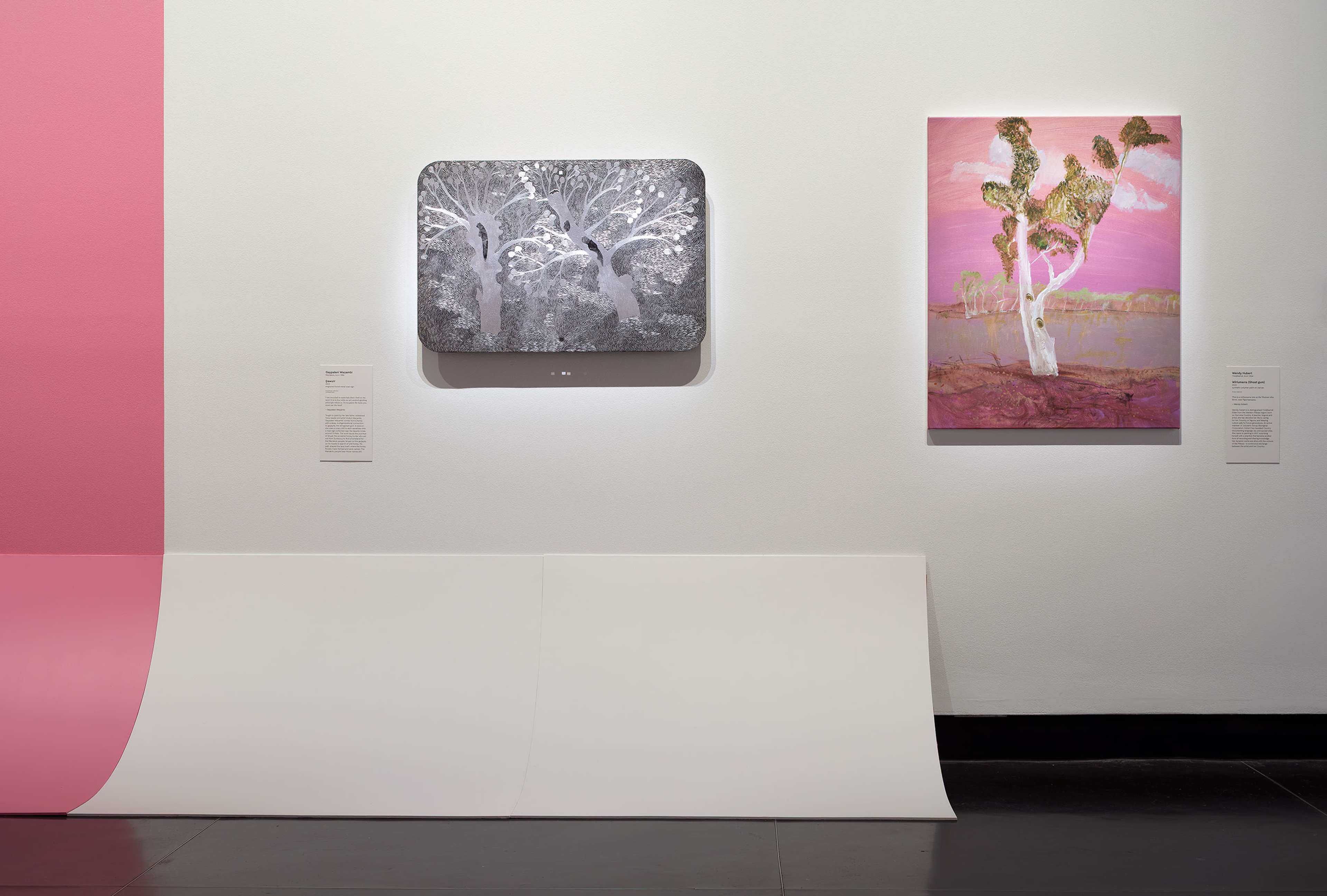 Two framed artworks hang on a gallery wall—one black and white, one pink and gold—above a curved white and pink panel that extends from the wall onto the floor. Descriptive labels are placed beside each artwork.