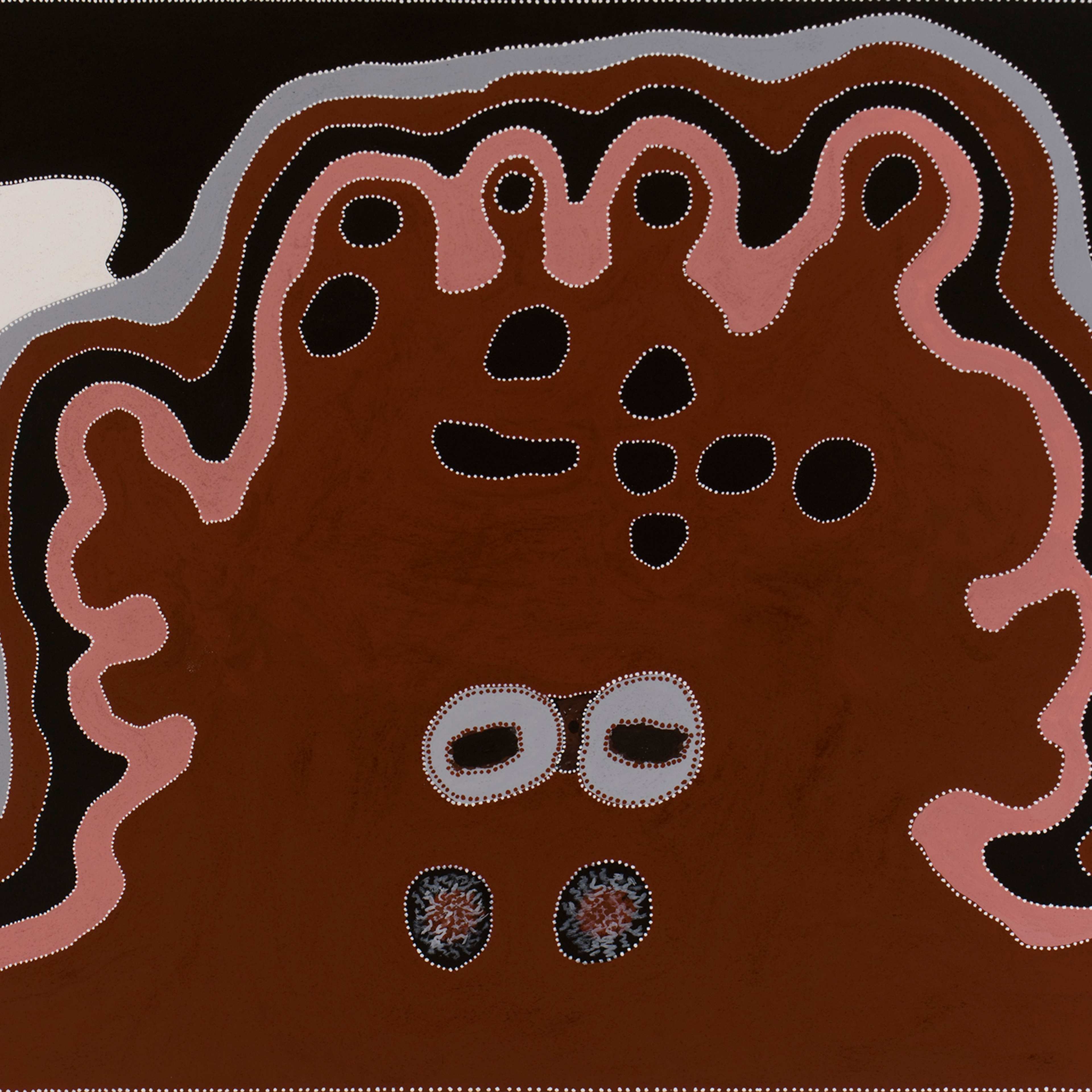 A painting in dark red, pink and black tones with wavy outline of a cloud-like shape.