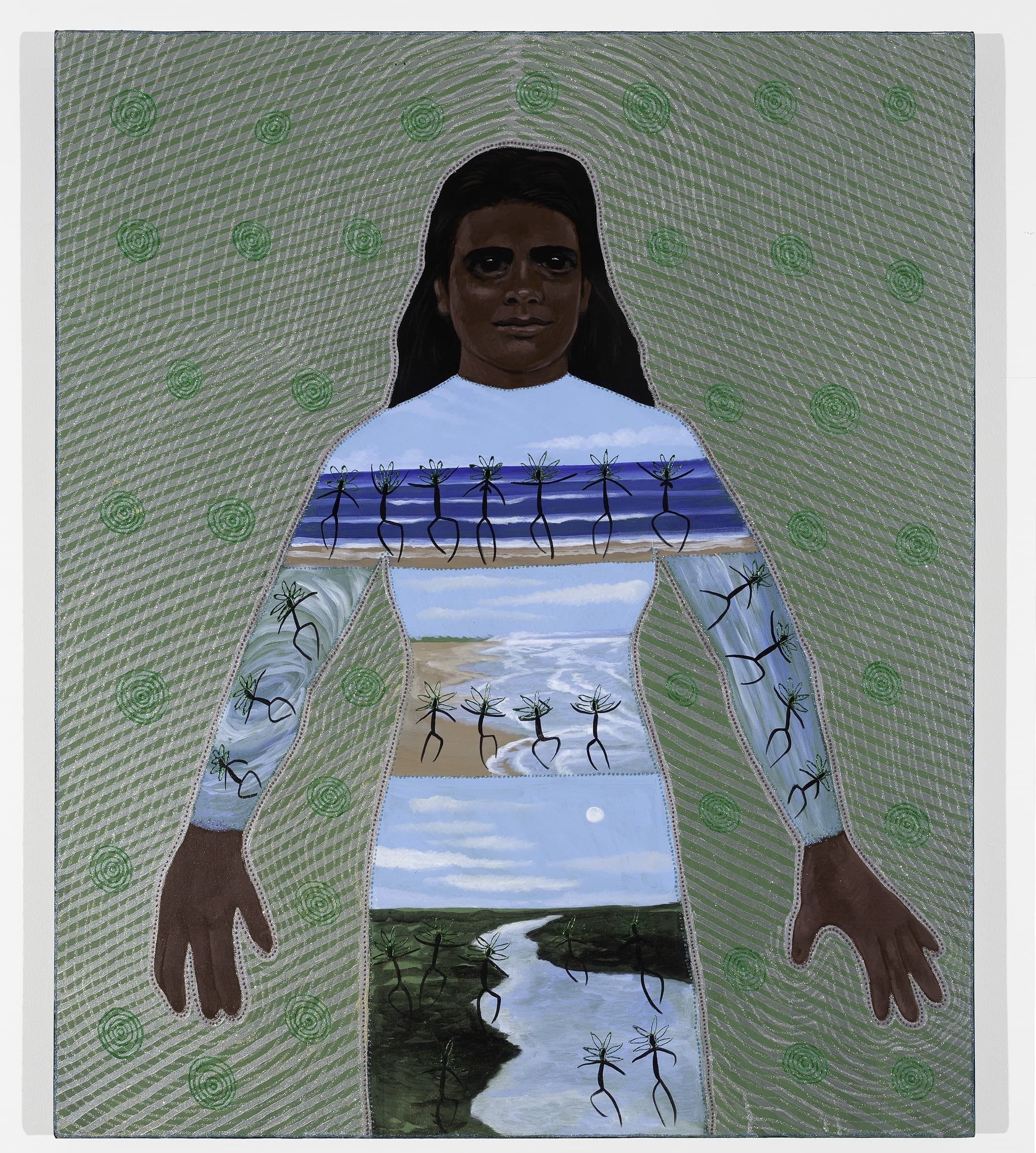 A painting of a person with dark hair and skin, standing against a green patterned background. Their body contains landscapes and silhouetted figures, blending elements of water, sky, and land. Green spiral motifs appear on the background and figure.