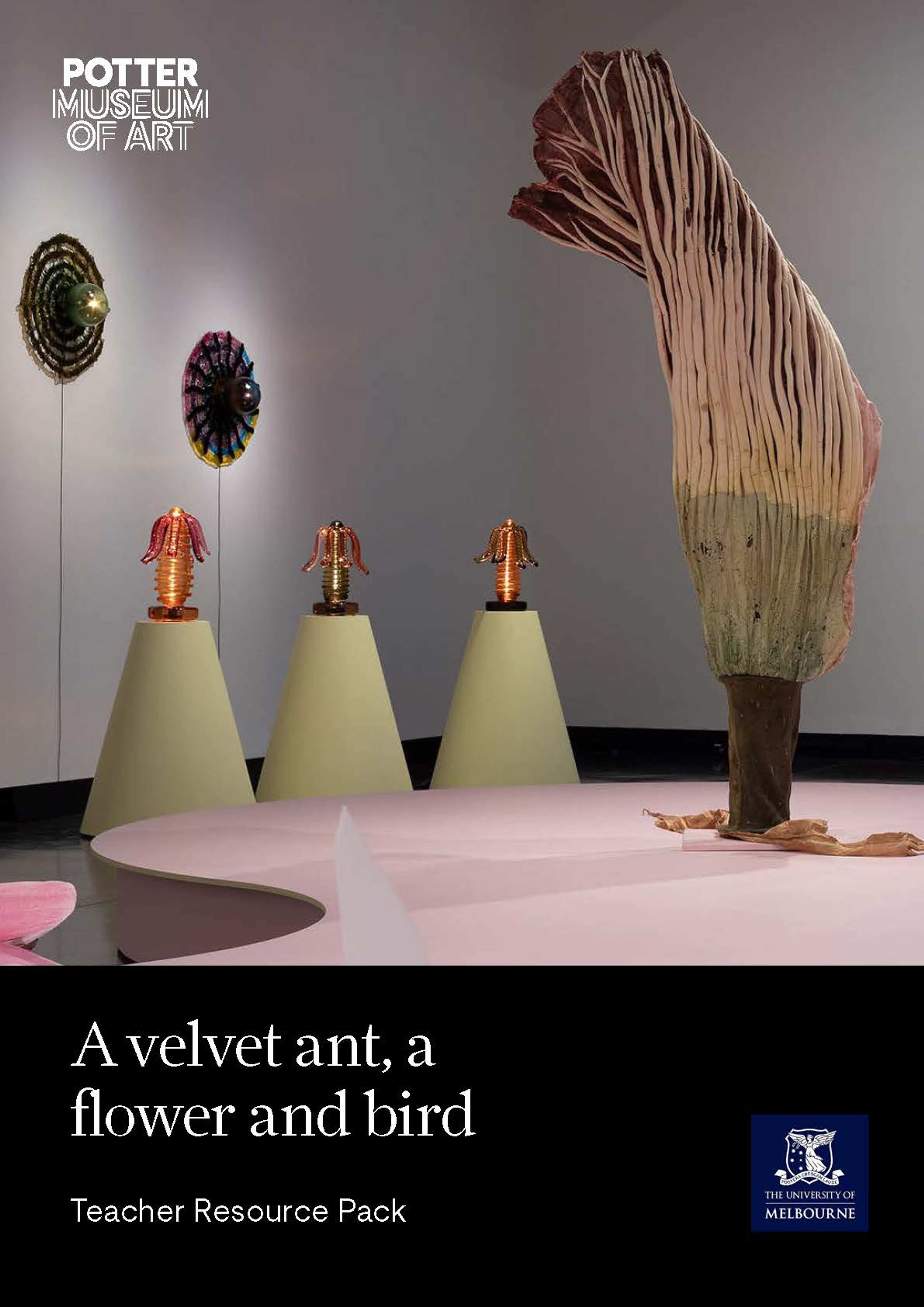 An art exhibit with a tall, abstract sculpture resembling a flower and three smaller, colorful sculptures on pedestals in the background. The image includes the text: “A velvet ant, a flower and bird.”.