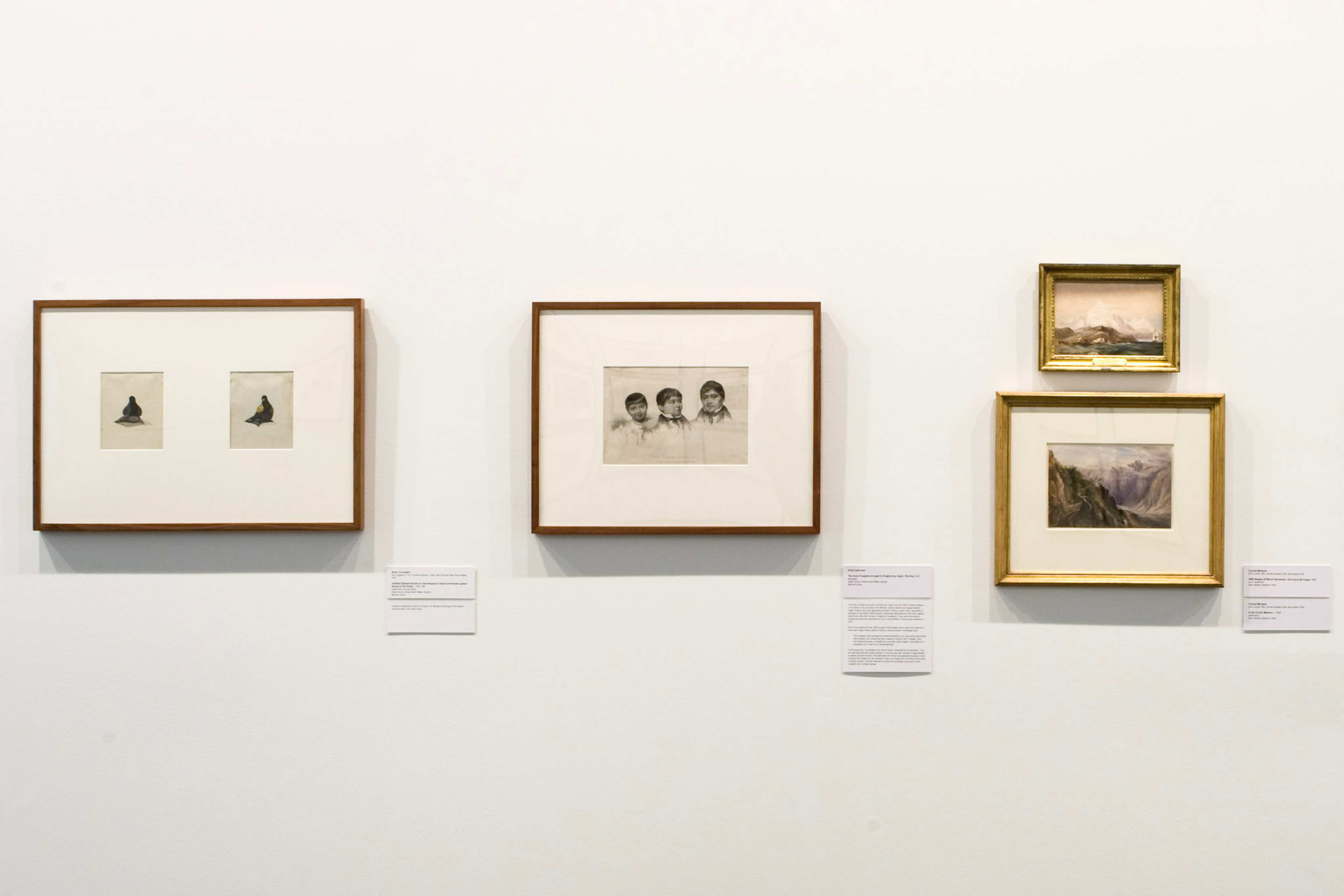 A photo of small-scale drawn portraits and painted landscapes displayed on a gallery wall