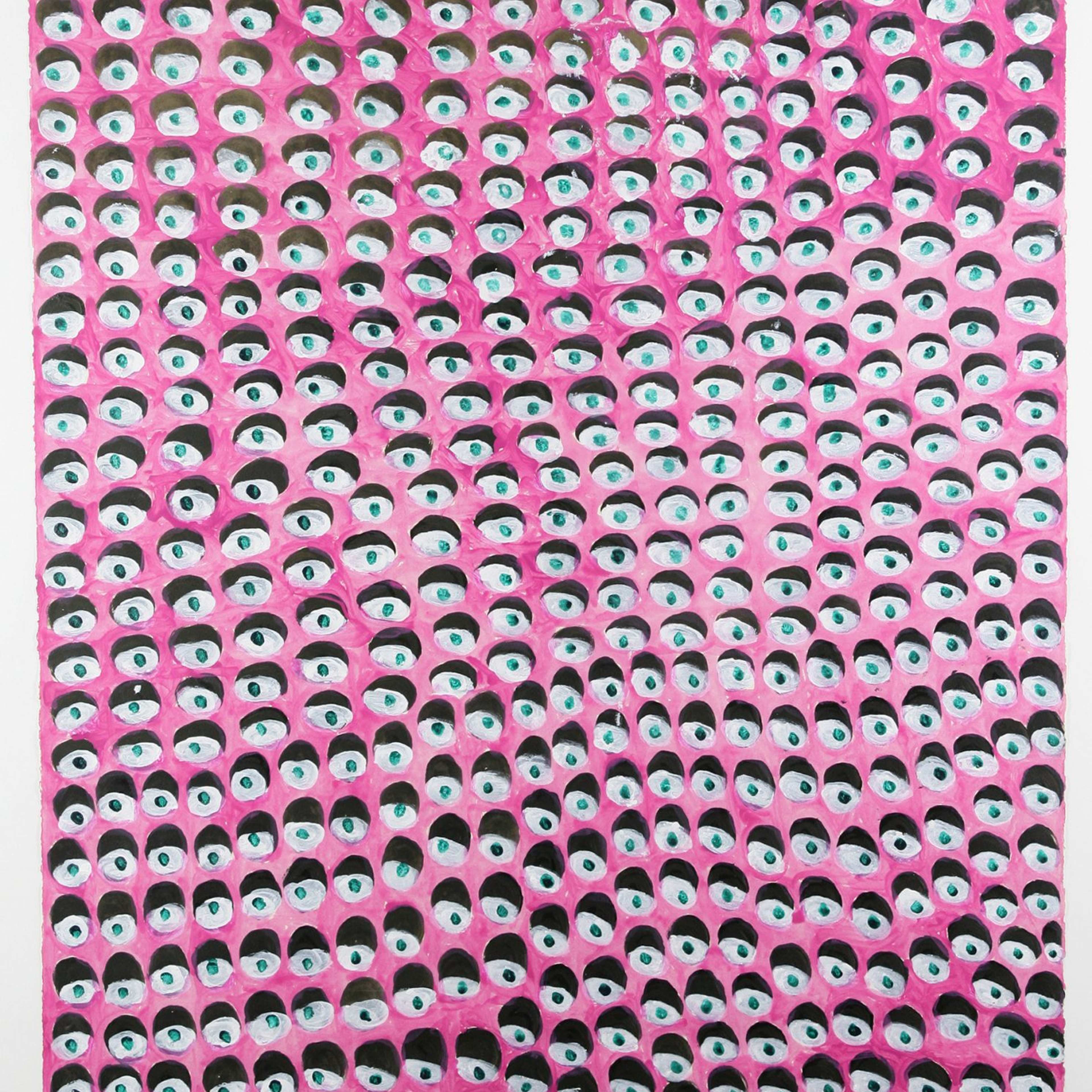 A painting of a pattern made up of eye-like shapes against a bright pink background