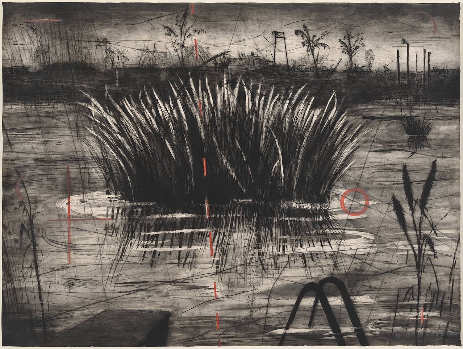 A print made from a black and white drawing of a small island of reeds surrounded by water