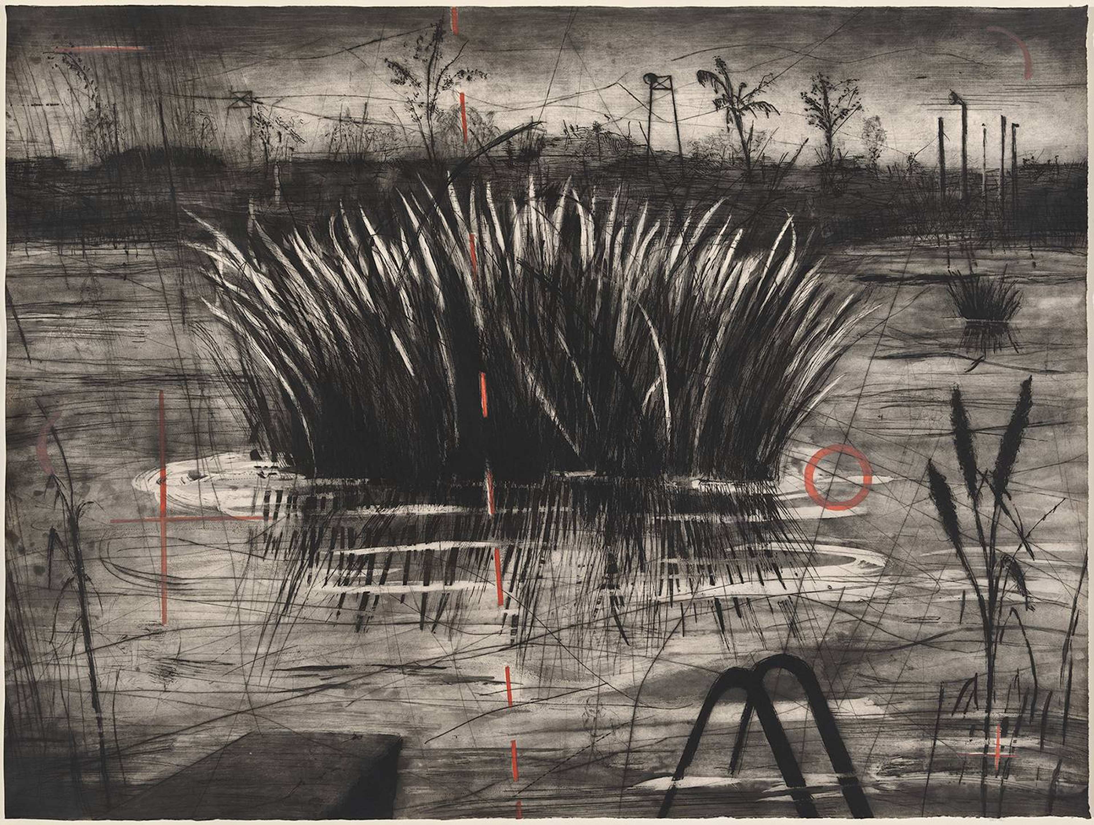 A print made from a black and white drawing of a small island of reeds surrounded by water
