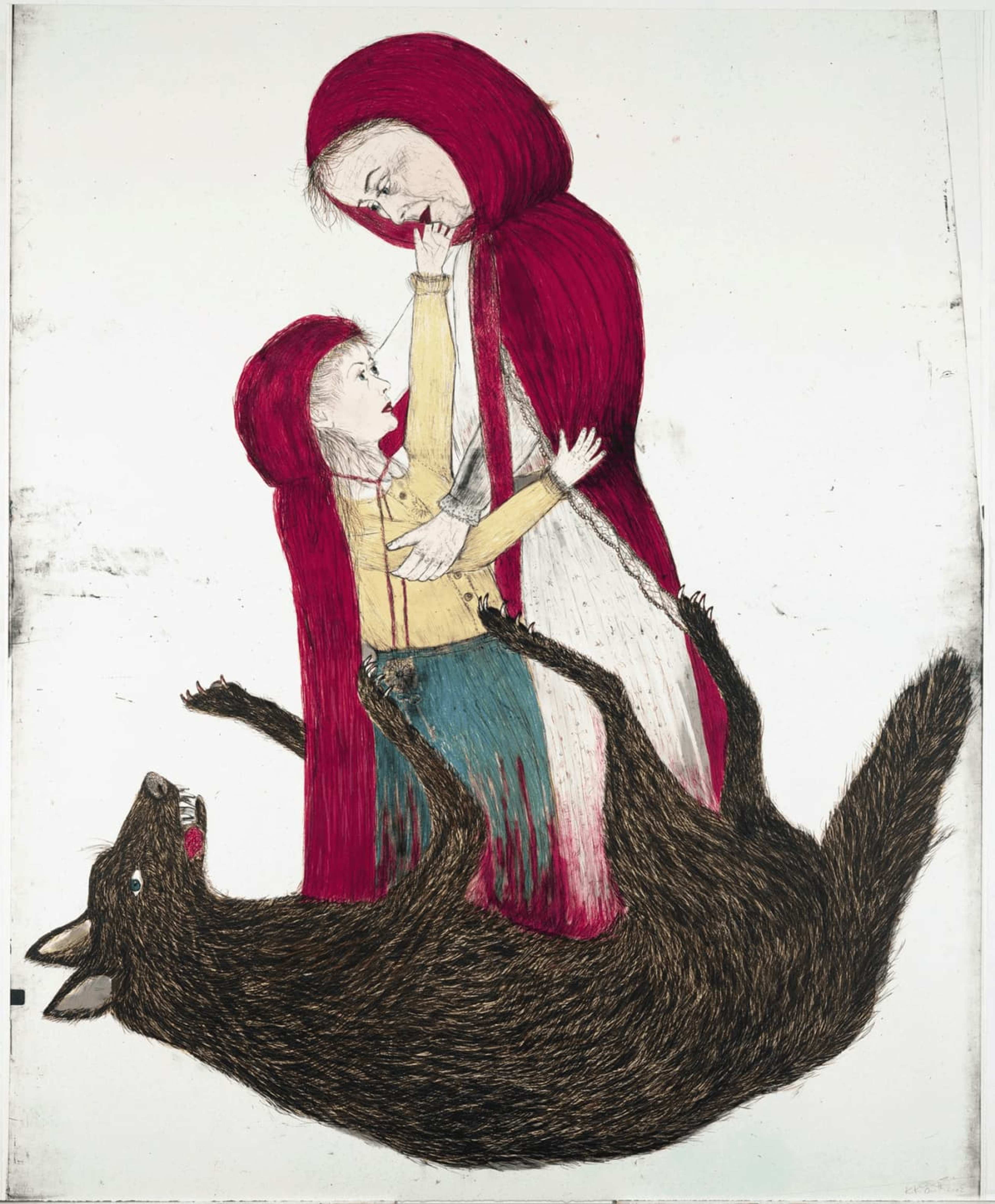 A child and a parent in red hoods stand above a bloodied wolf