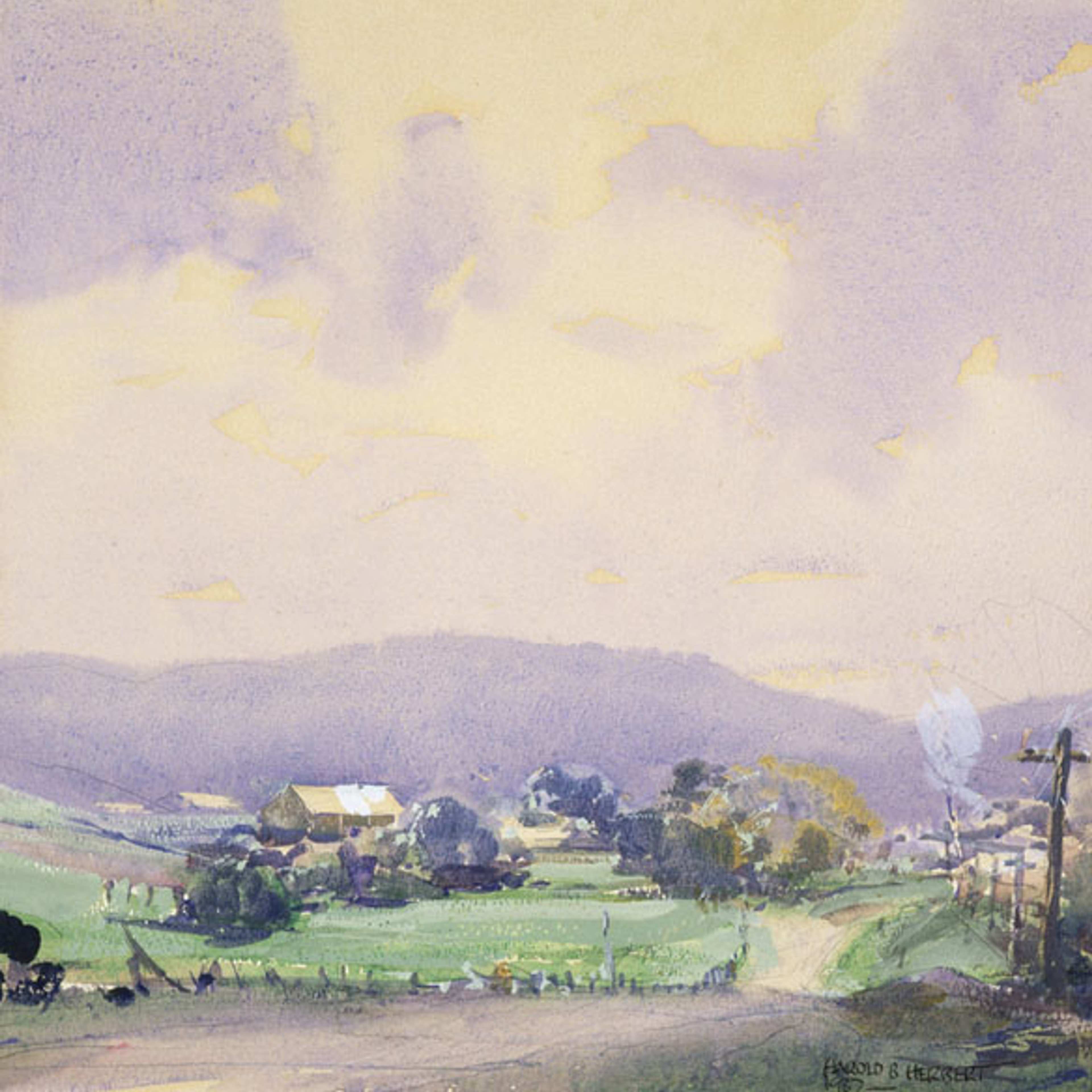 A watercolour landscape of a road snaking through green hills with lilac sky occupying large part of the picture
