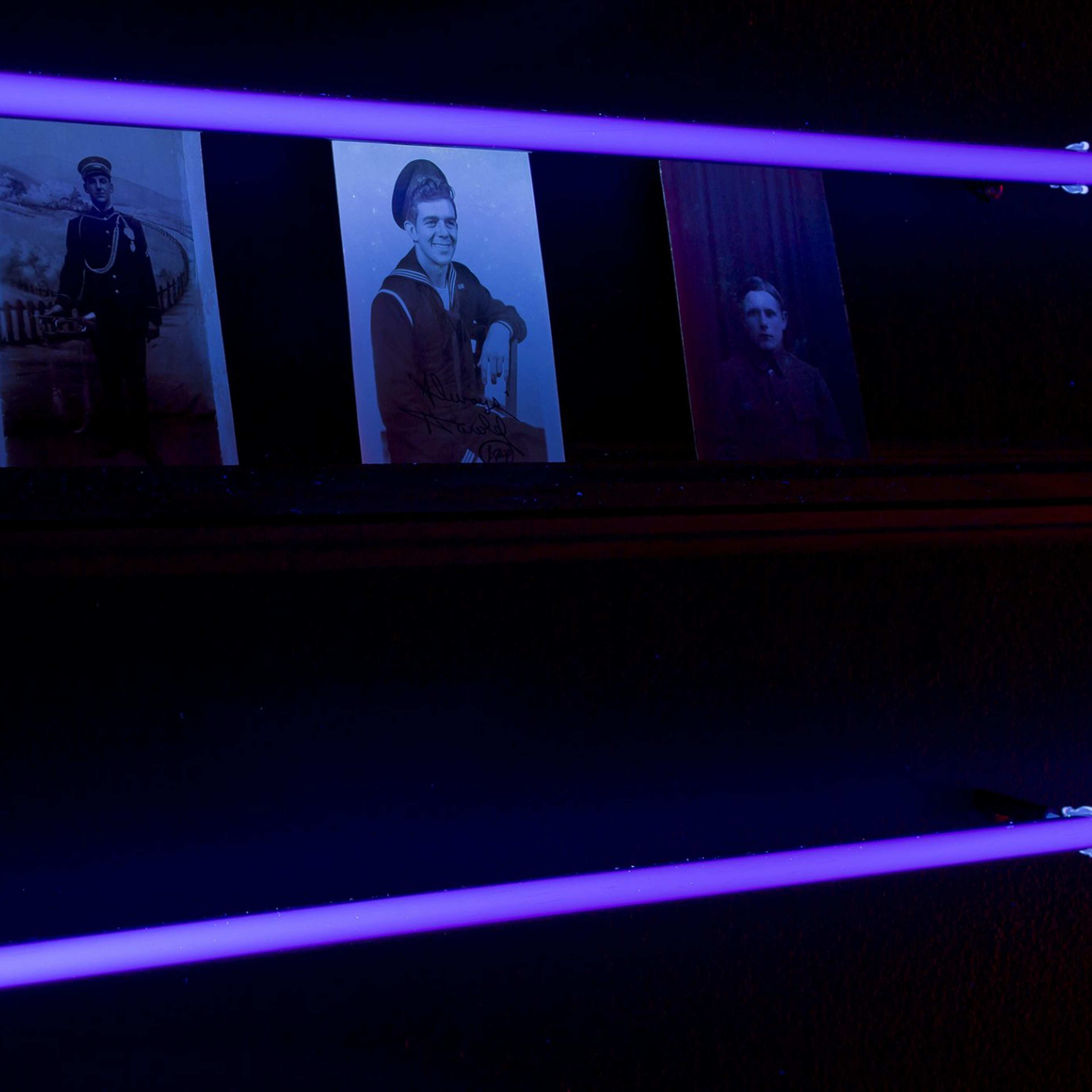 Two purple fluorescent tubes with three postcards featuring historic black and white portrait of men, one in sailor uniform, held up by the tube