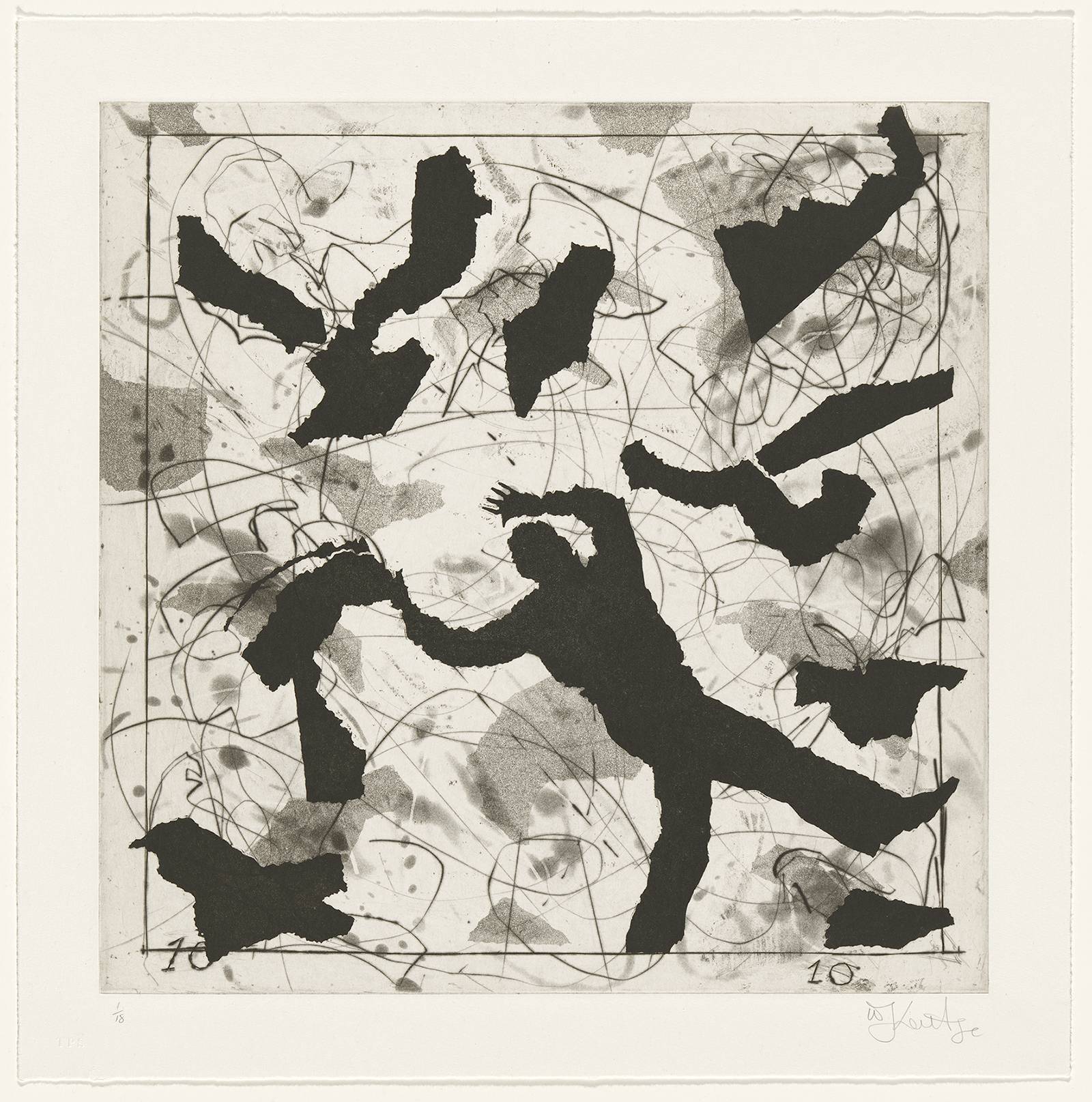 A print featuring a silhouette of a person surround by floating black shapes
