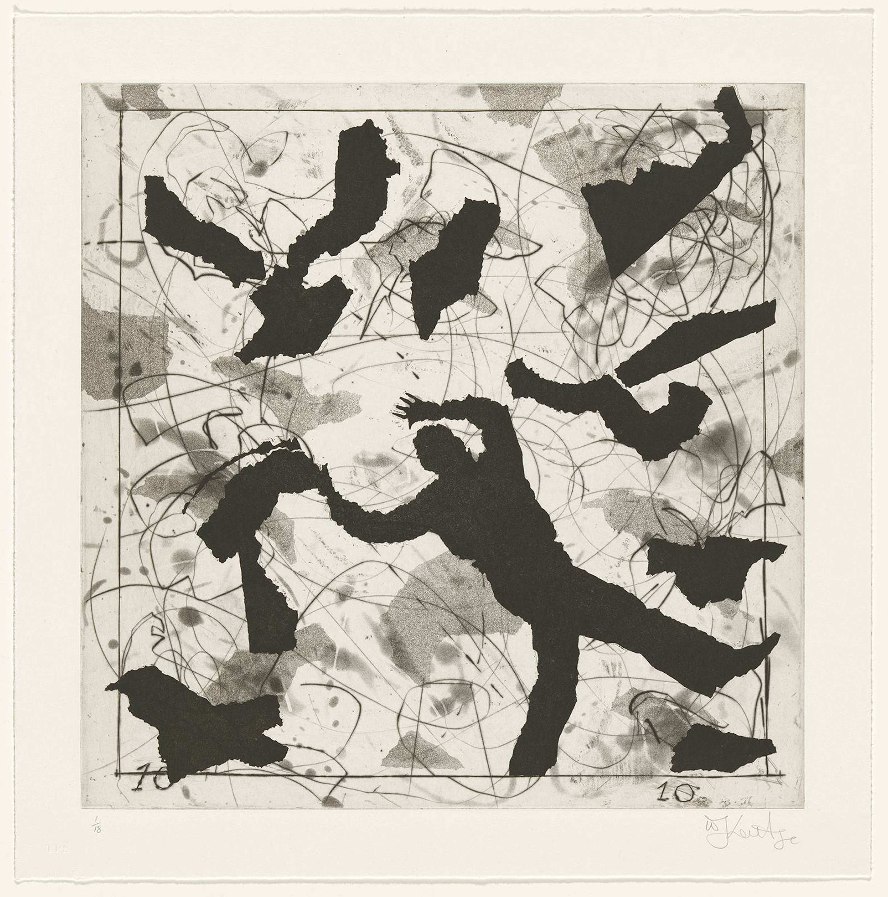 A print featuring a silhouette of a person surround by floating black shapes
