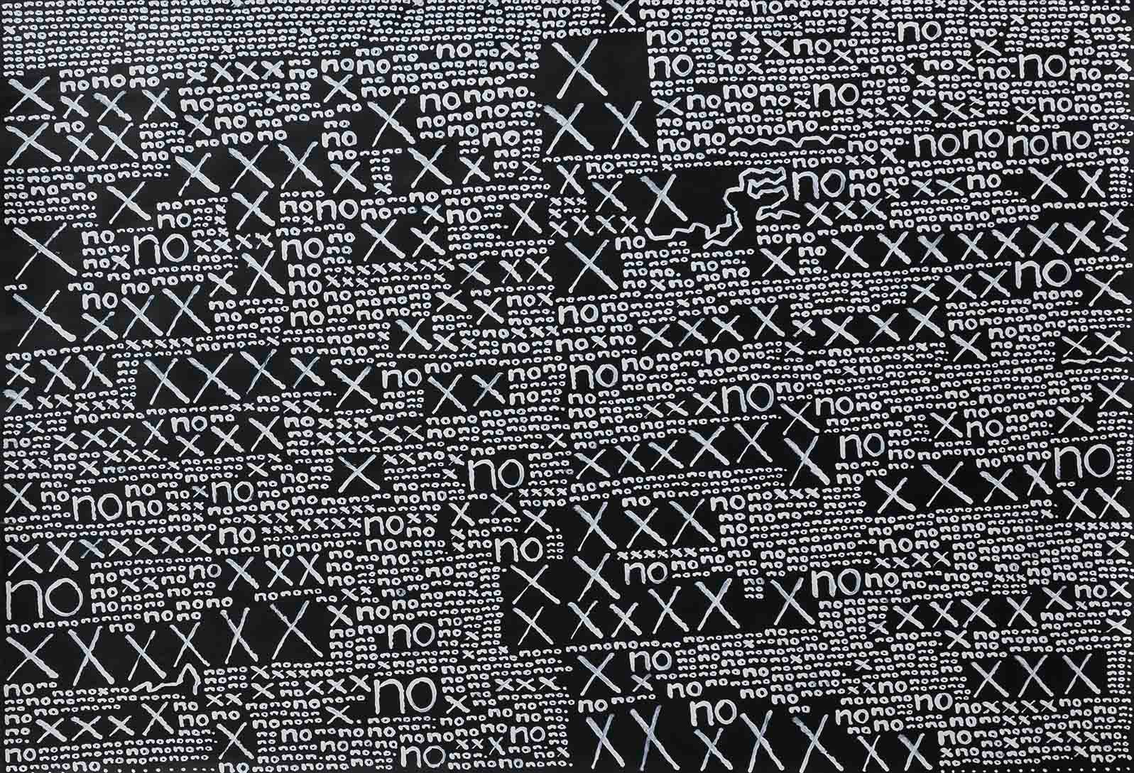 A painting with a black background and a word no and a cross in white of various sizes filling the canvas