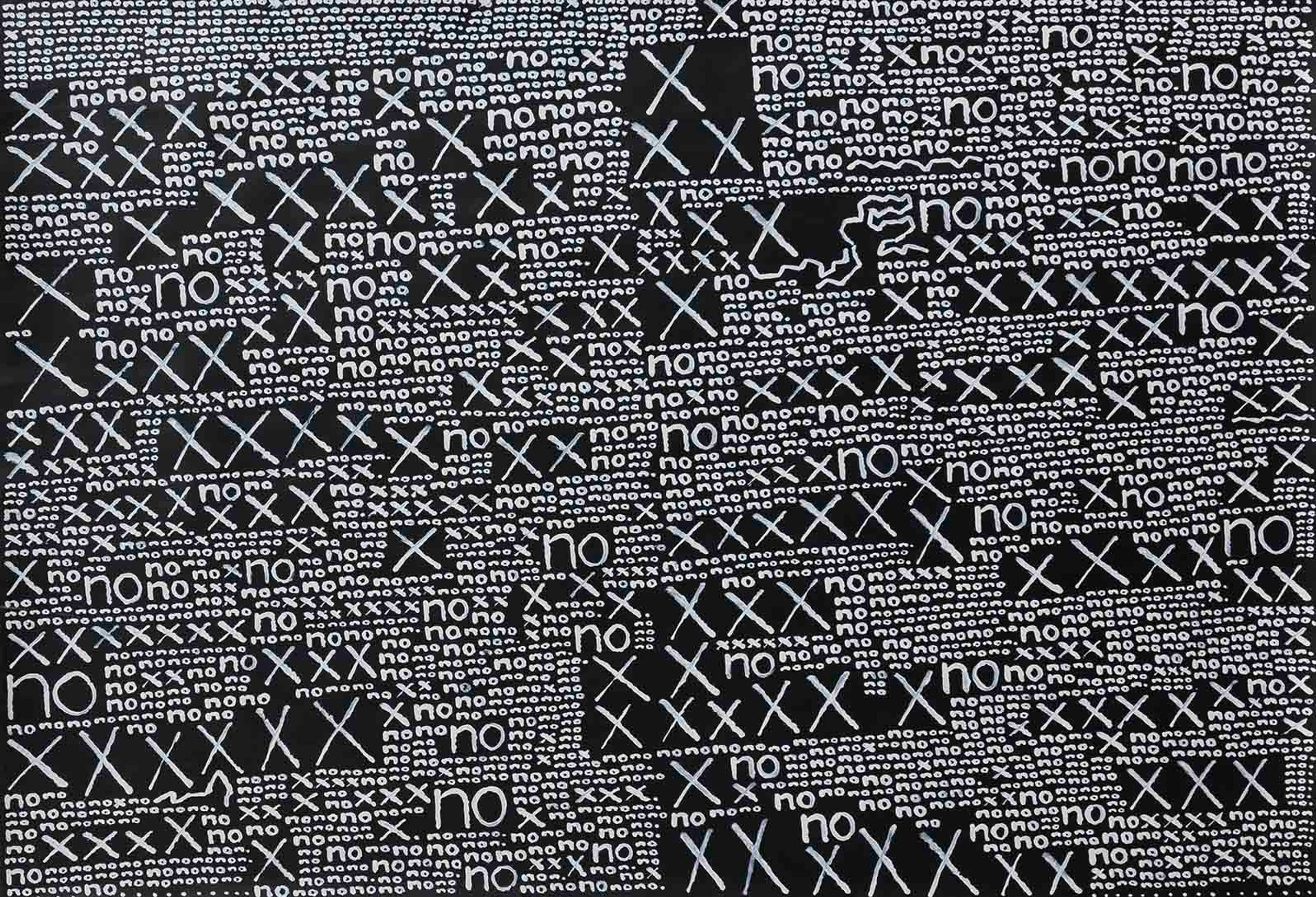 A painting with a black background and a word no and a cross in white of various sizes filling the canvas