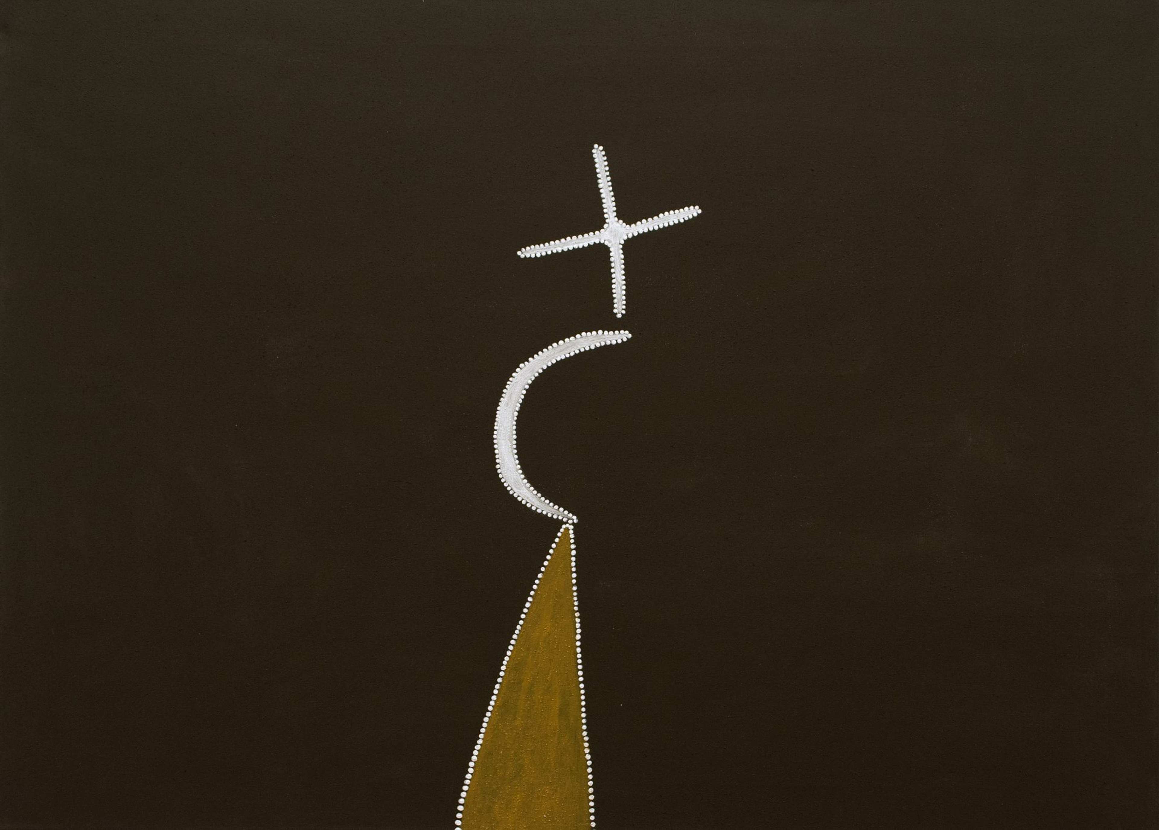 A painting featuring a triangle, a crescent and an X-shape stacked on top of each other