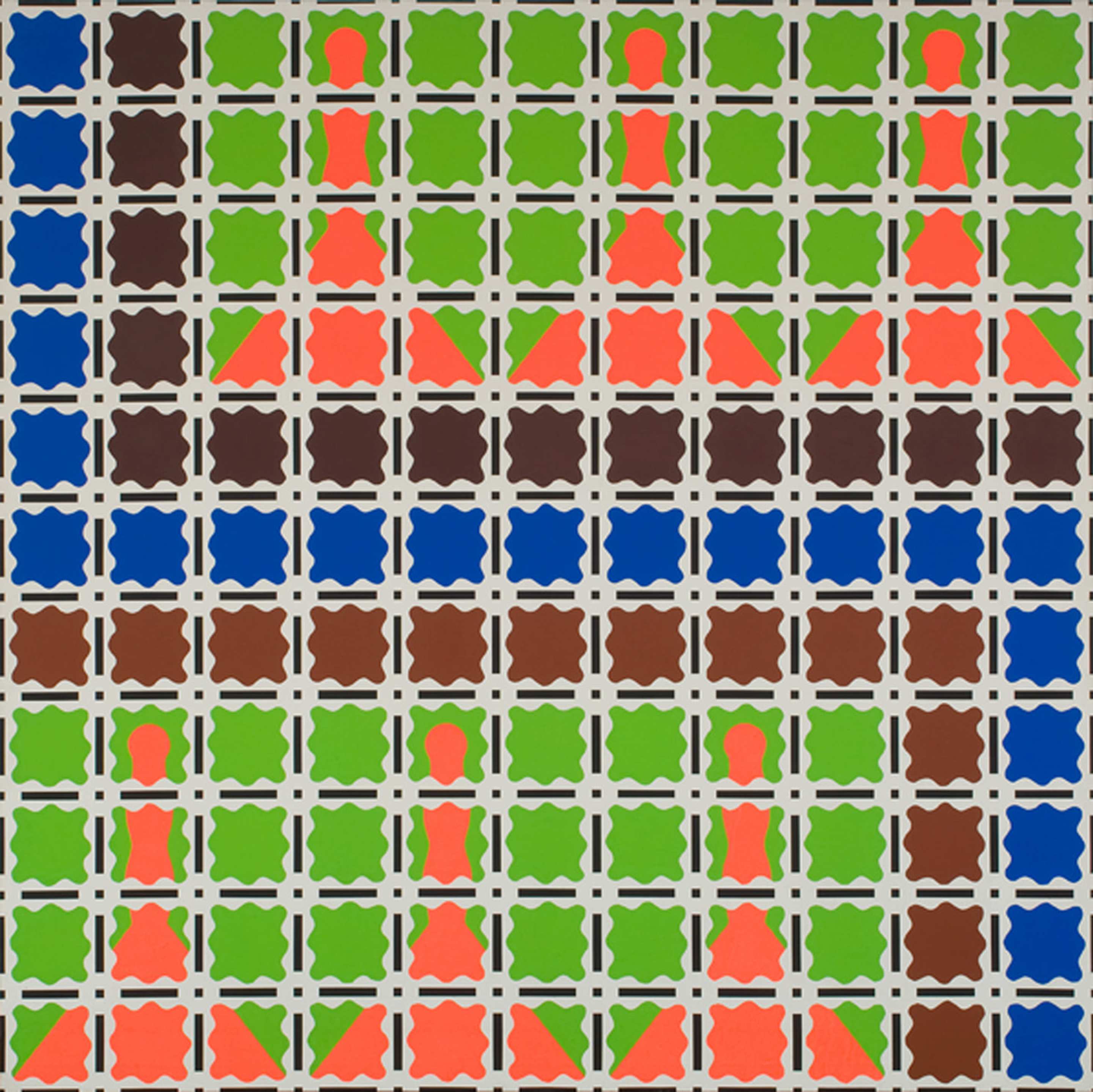 Abstract geometric painting with a grid of squares and brown. green, navy and pink shapes