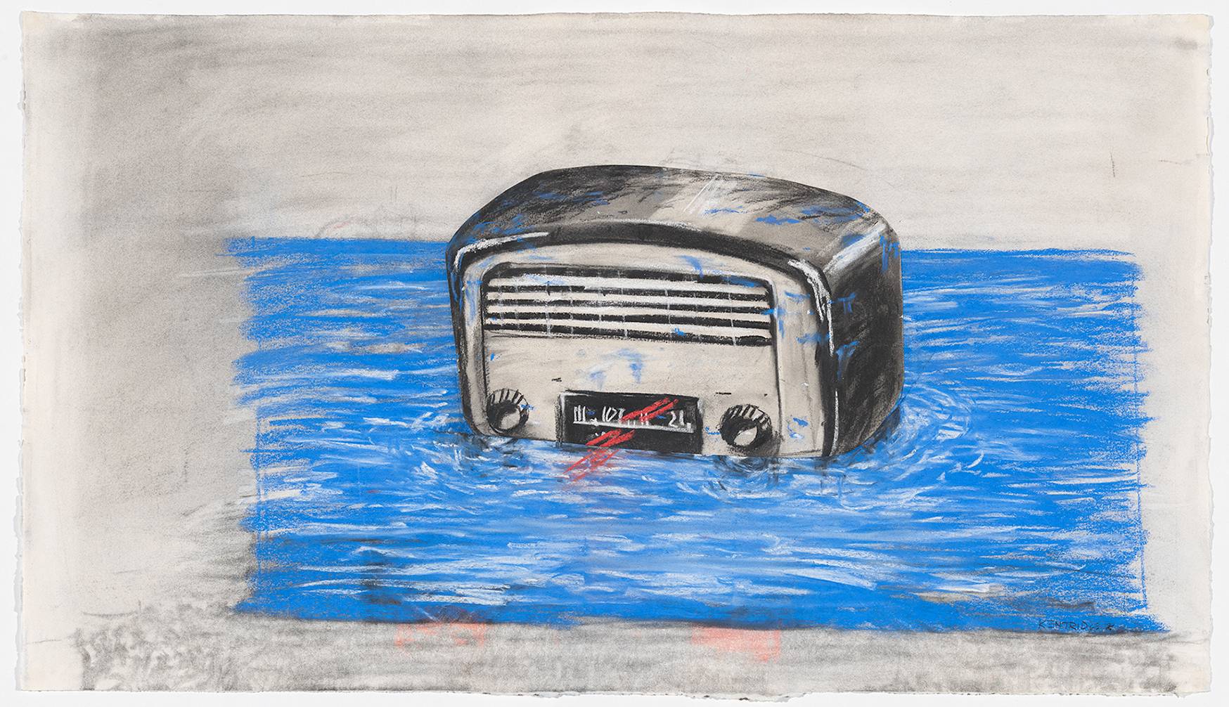 A drawing of an old radio sitting in water